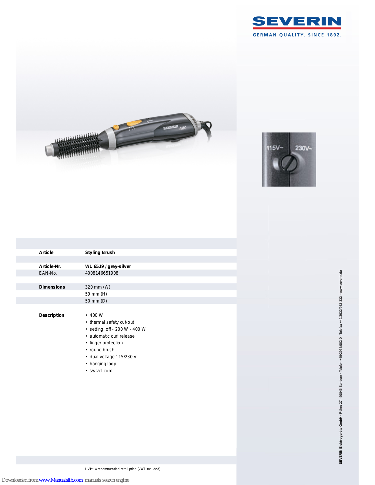 SEVERIN STYLING BRUSH - DATASHEET 3, WL 6519 Dimensions