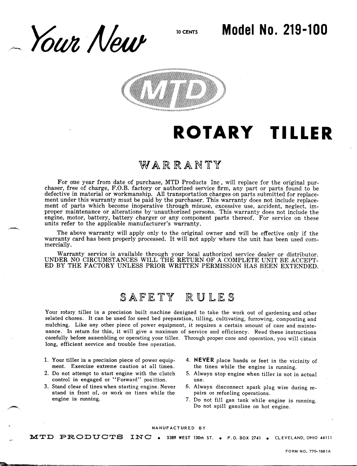 MTD 219-100 User Manual