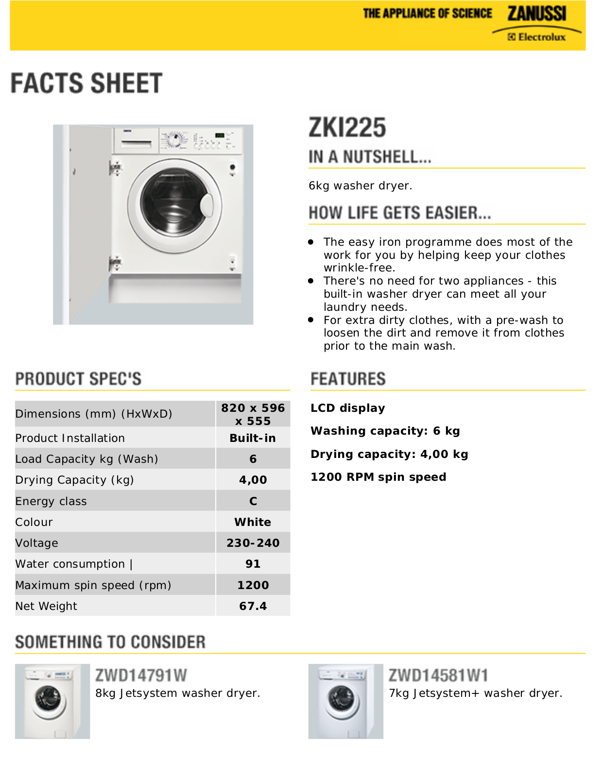 Zanussi ZKI225 DATASHEET