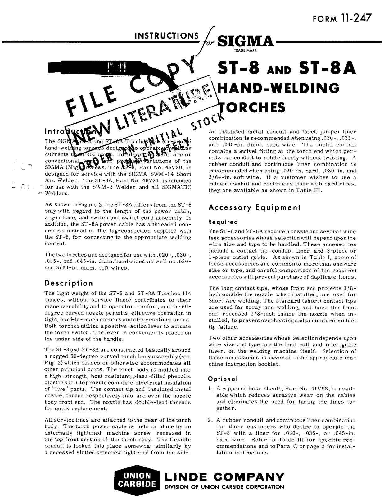 UNION CARBIDE SIGMA ST-8 and ST-8A Hand-Welding Torches Troubleshooting instruction