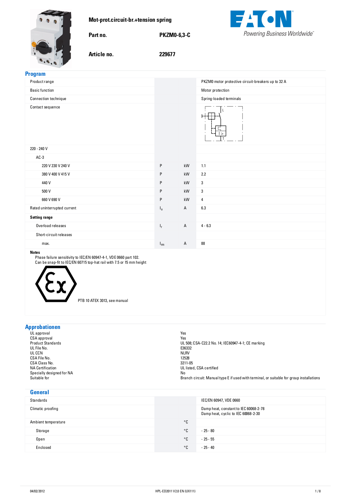 Klockner-Moeller, Div of Eaton Corp. PKZM0-6.3-C Data Sheet
