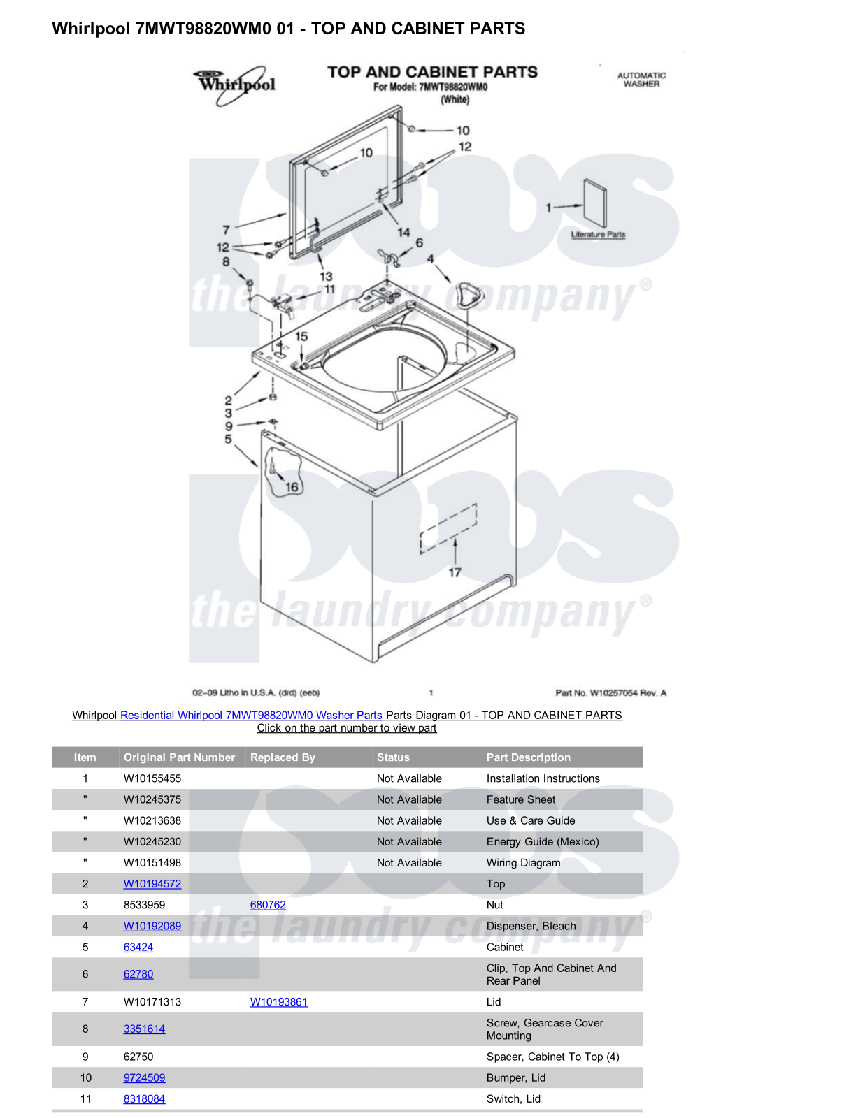 Whirlpool 7MWT98820WM0 Parts Diagram