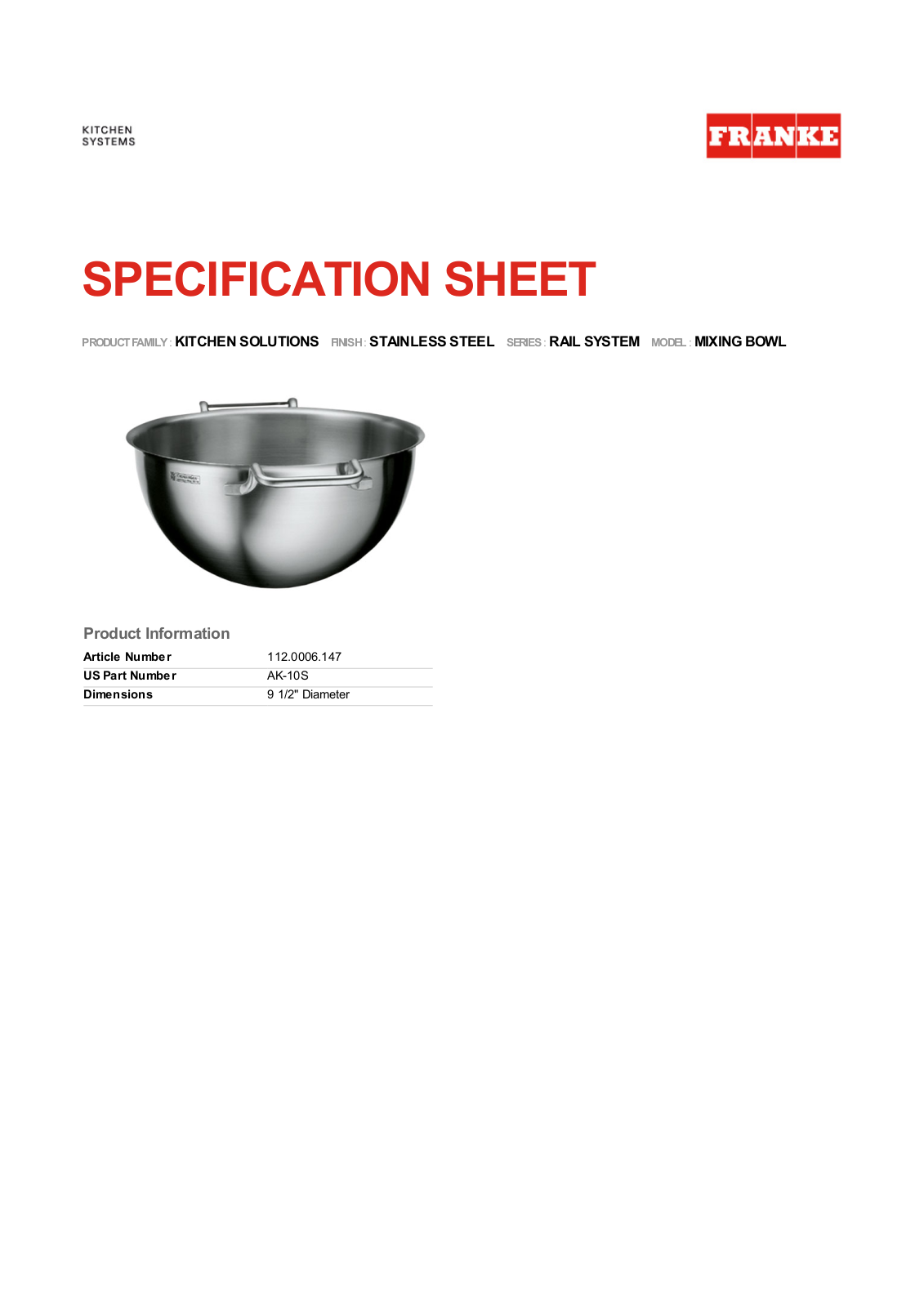 Franke Foodservice MIXING BOWL User Manual