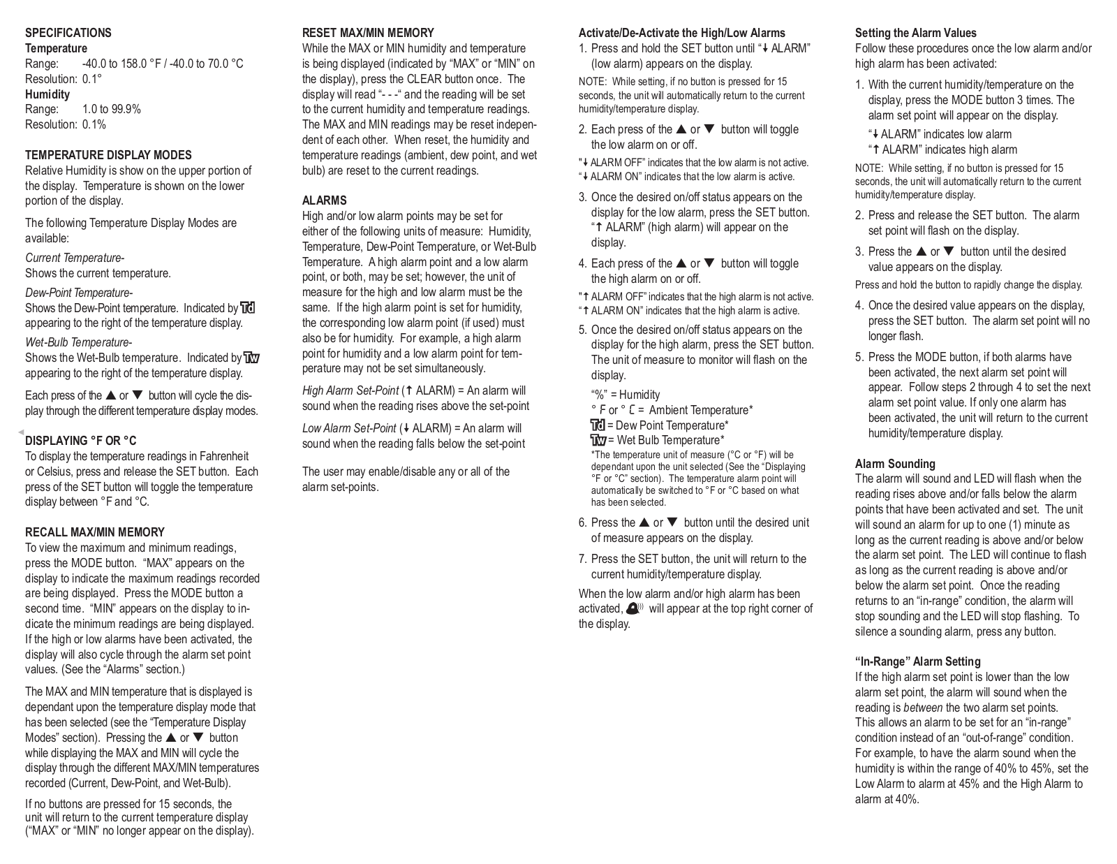 Control Company DEW-POINT WET-BULB HUMIDITY TEMPERATURE ALARM User Manual