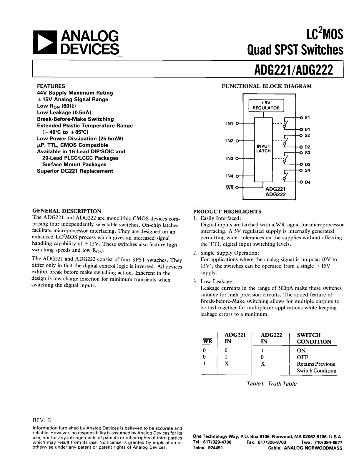 Analog Devices ADG222, ADG221 Datasheet