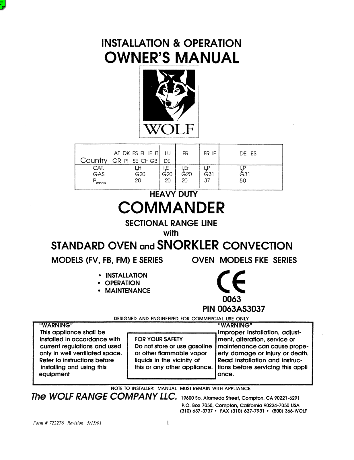 Wolf FB18E Installation  Manual