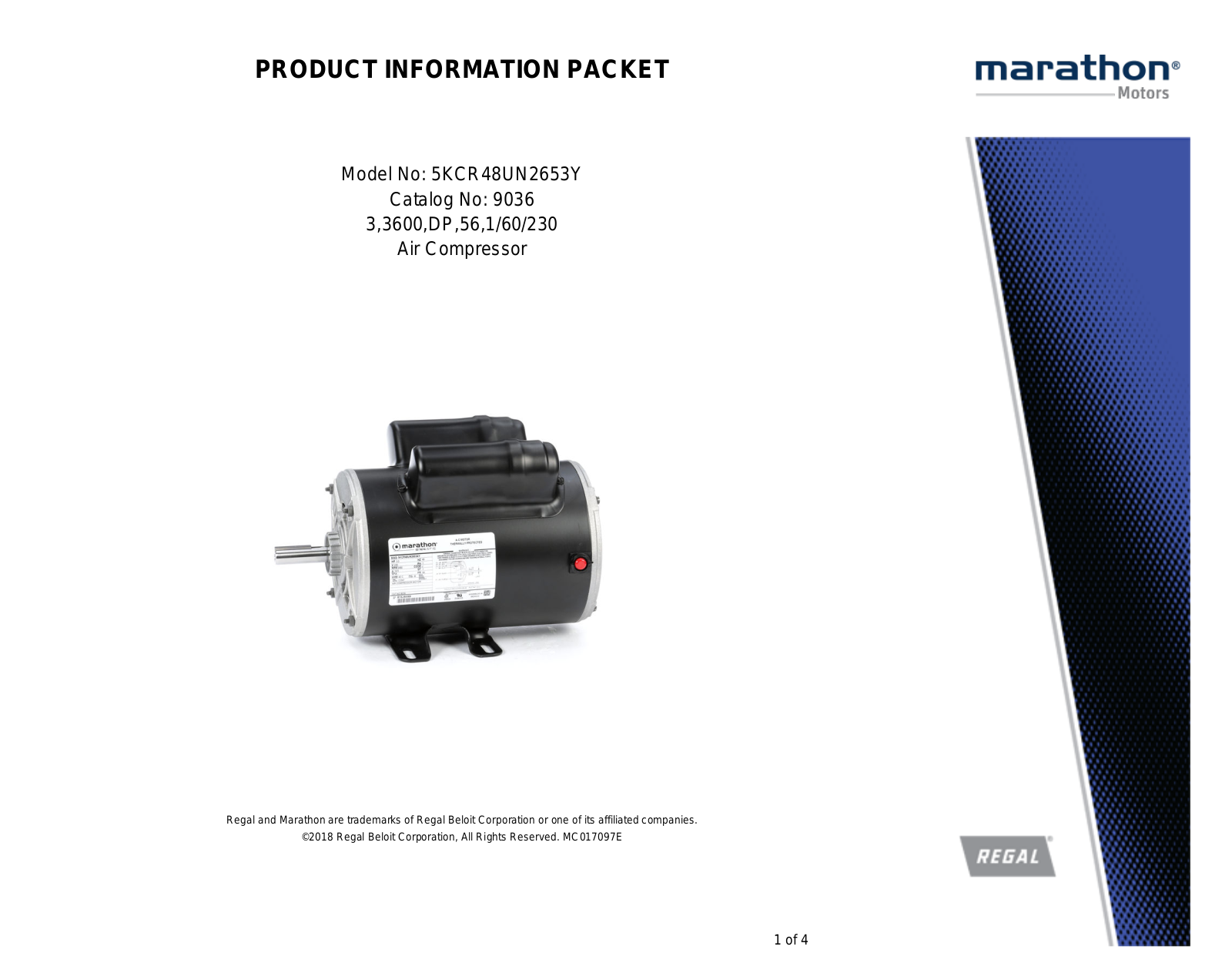 Marathon Electric 5KCR48UN2653Y Product Information Packet