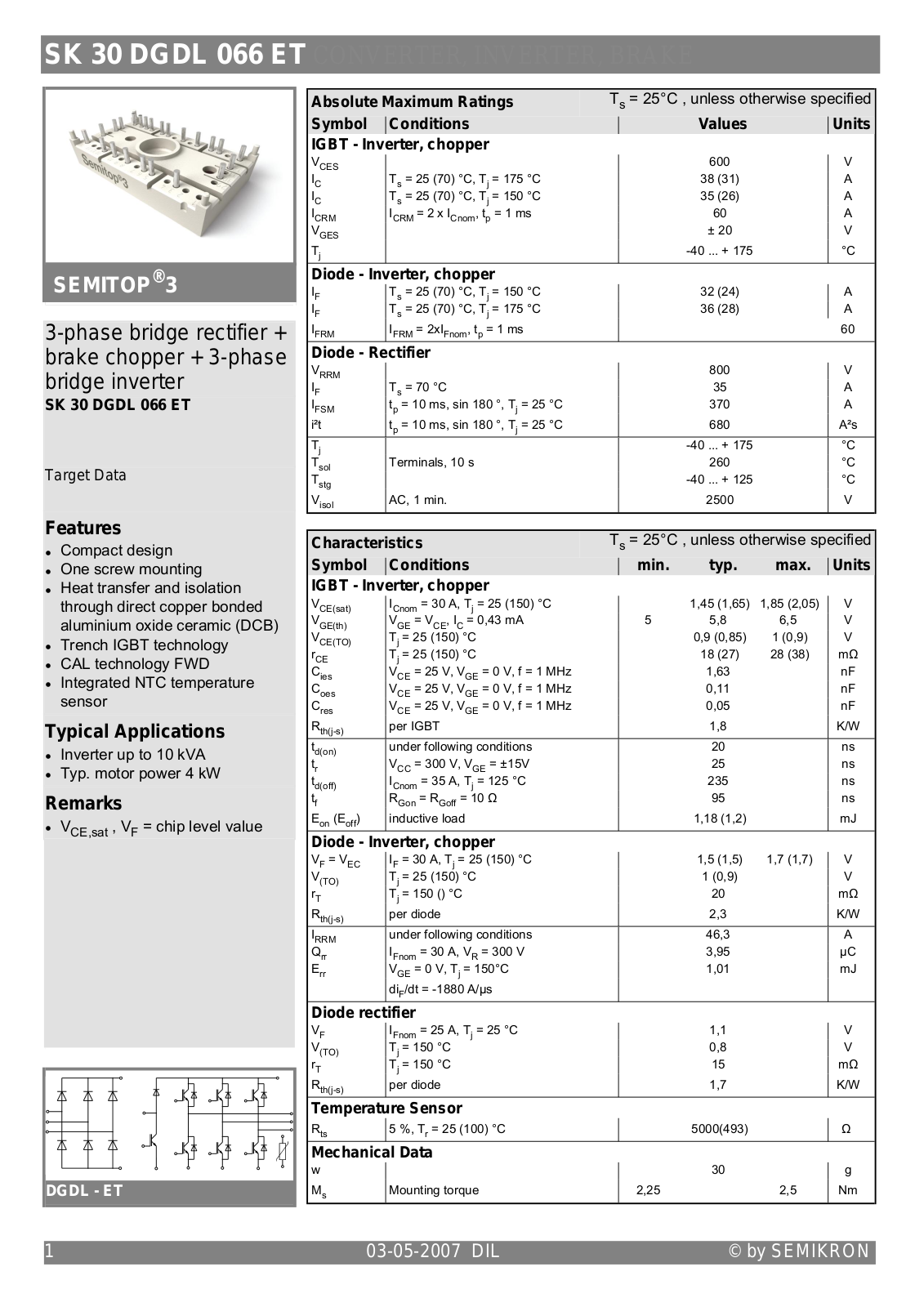 Semikron SK30DGDL066ET Data Sheet