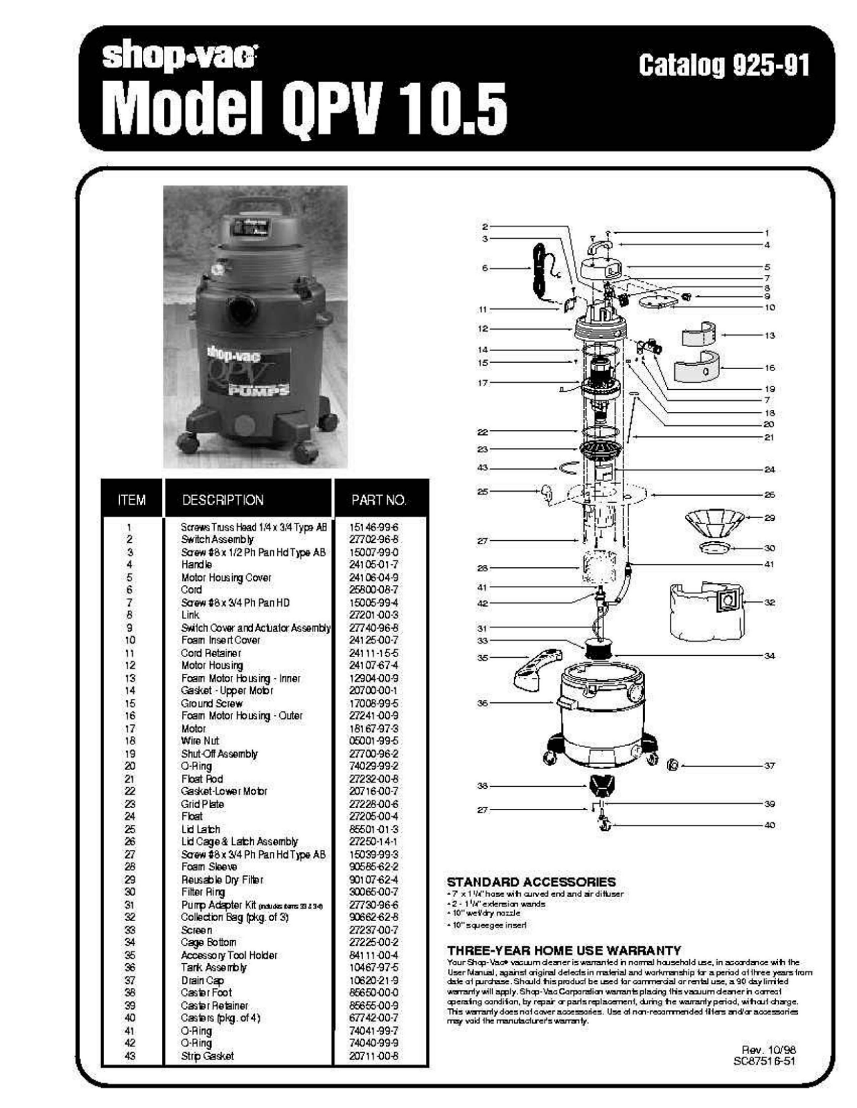 Shop Vac Qpv10.5 Owner's Manual