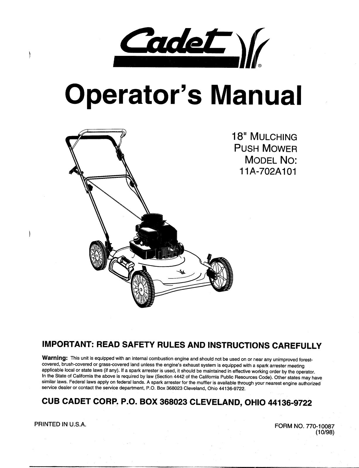 Cub Cadet 11A-702A101 User Manual