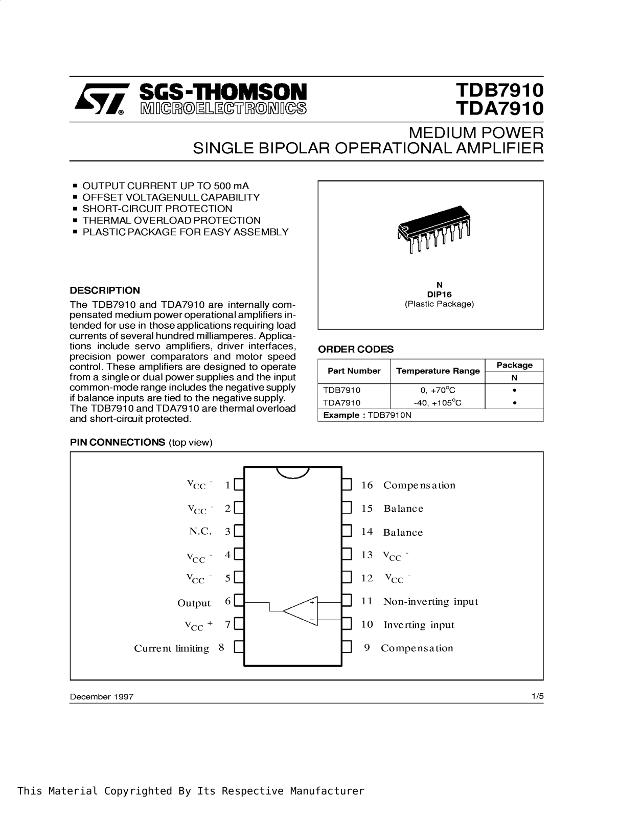 SGS-THOMSON TOB7910 Technical data