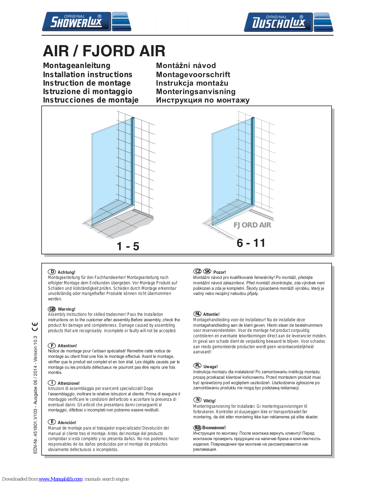 ShowerLux AIR, FJORD AIR Installation Instructions Manual