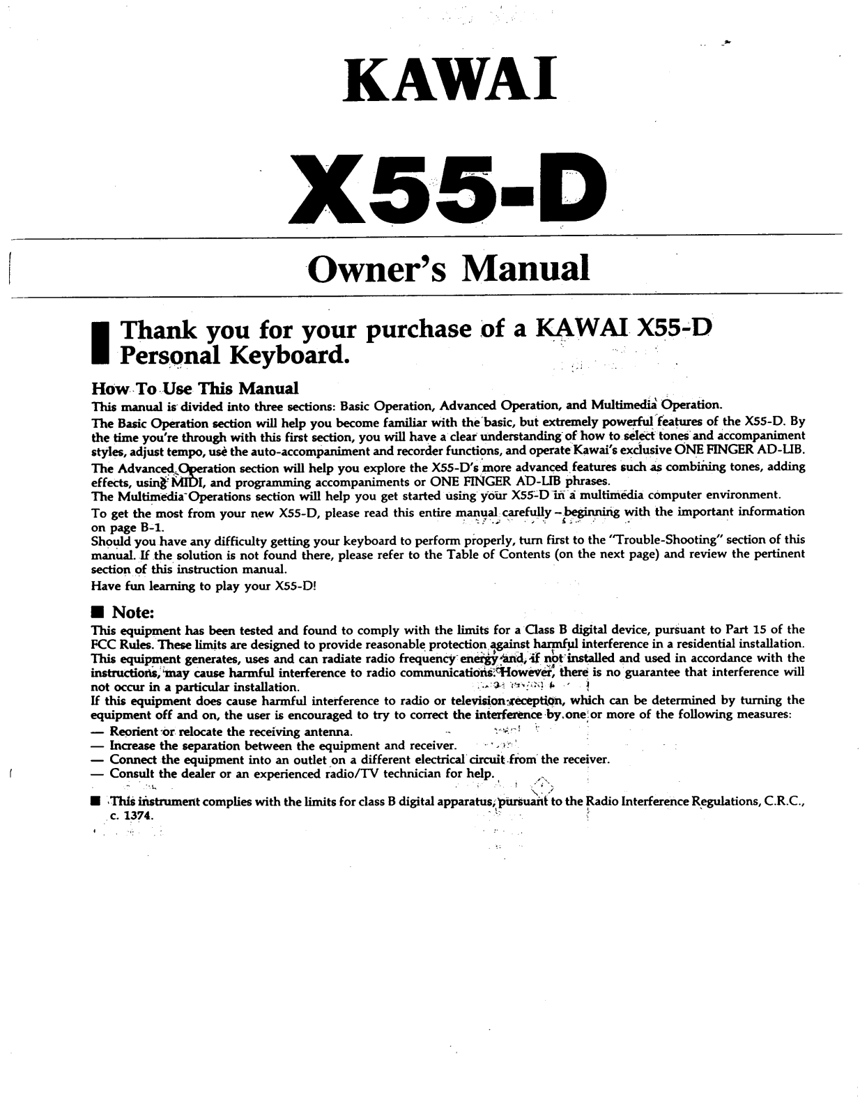 Kawai X55-D User Manual