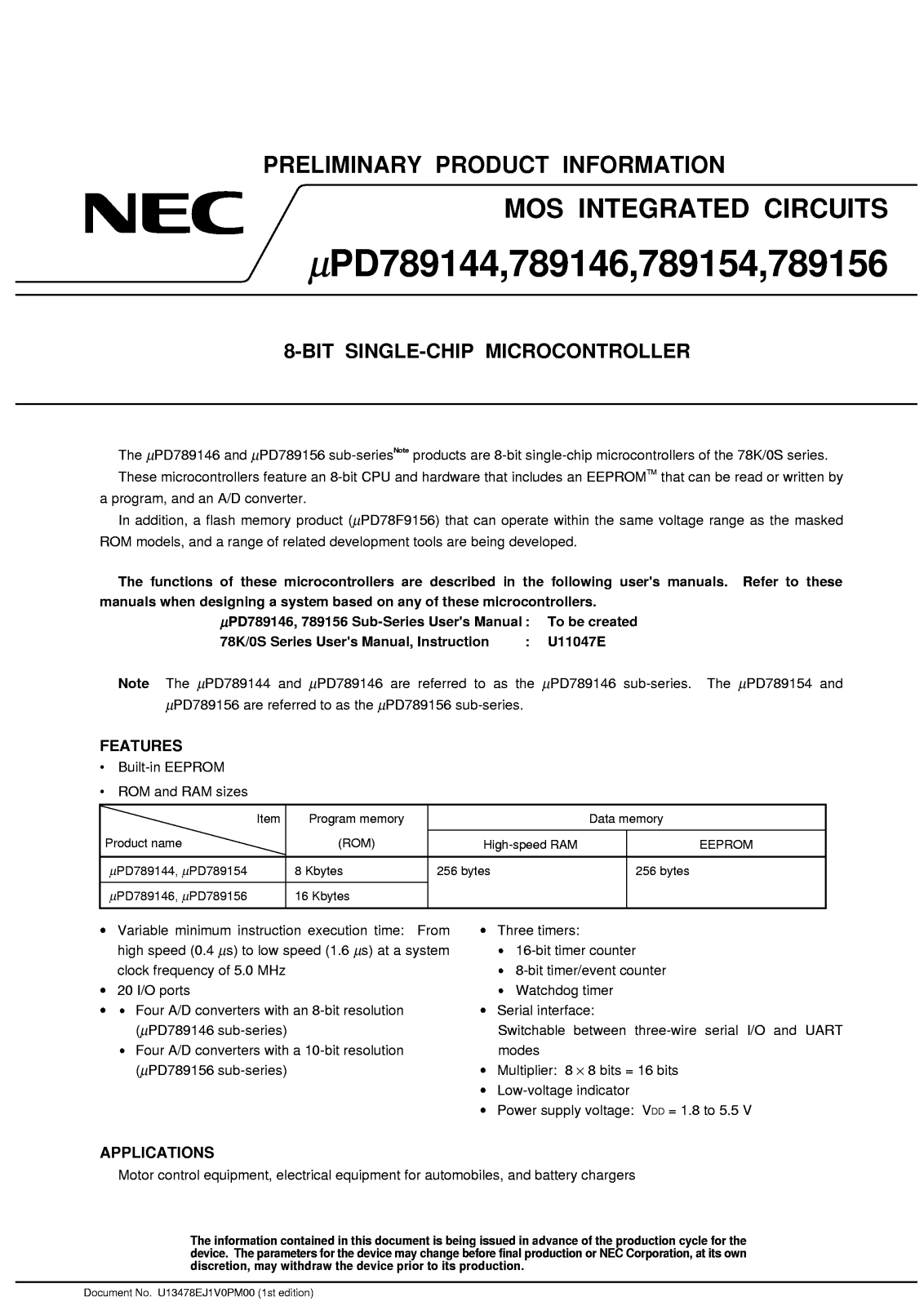 NEC uPD789156GS-xxx, uPD789154GS-xxx, uPD789144GS-xxx, uPD789146GS-xxx Datasheet