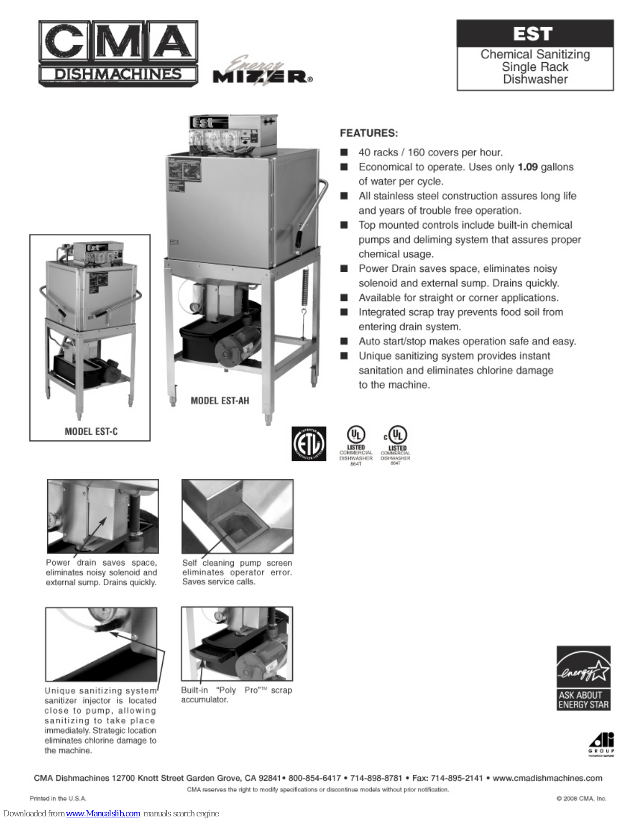 CMA Dishmachines EST-C, Energy Mizer EST Specifications