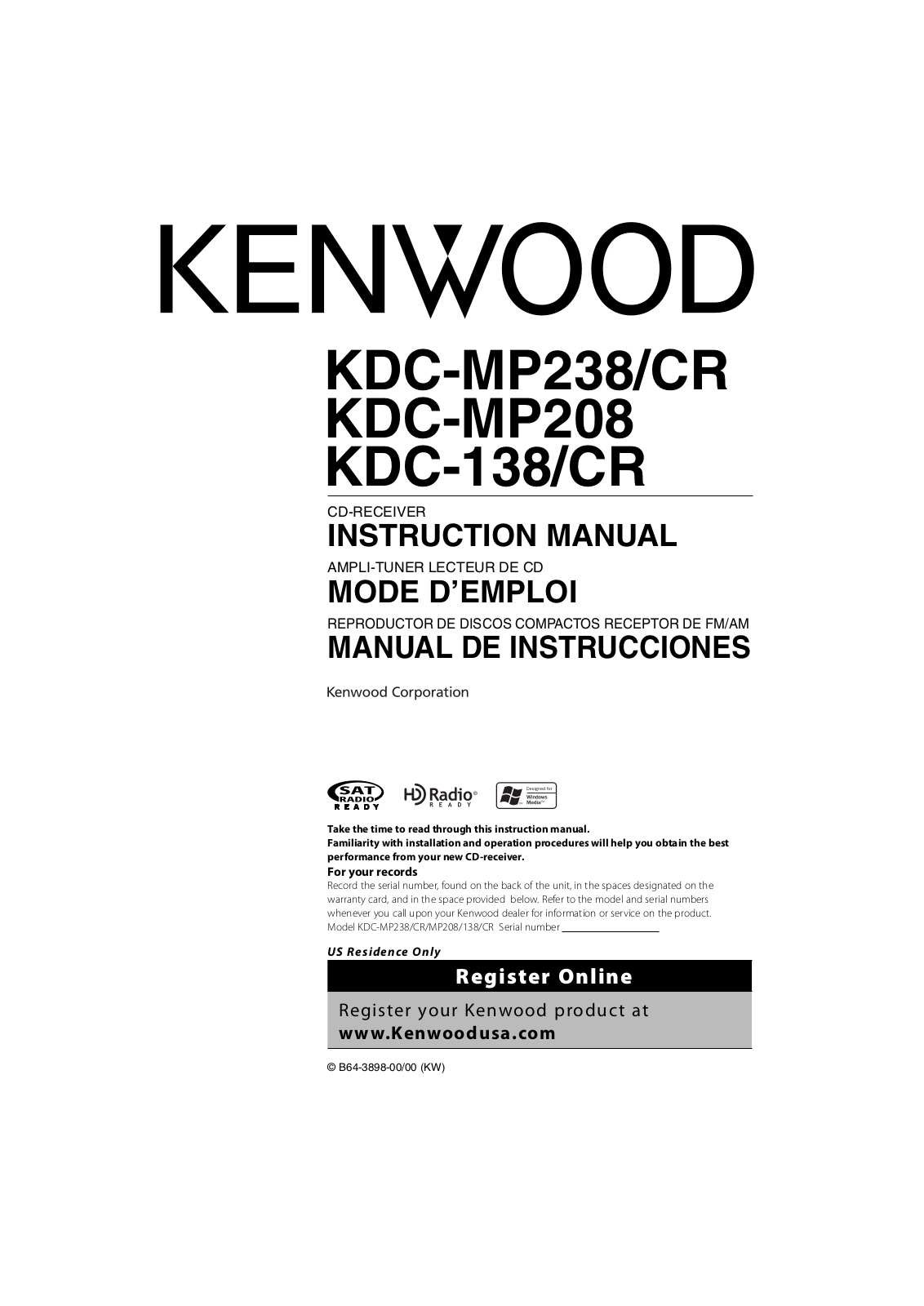 KENWOOD KDC-MP238CR, KDC-MP238, KDC-MP208, KDC-138CR User Manual