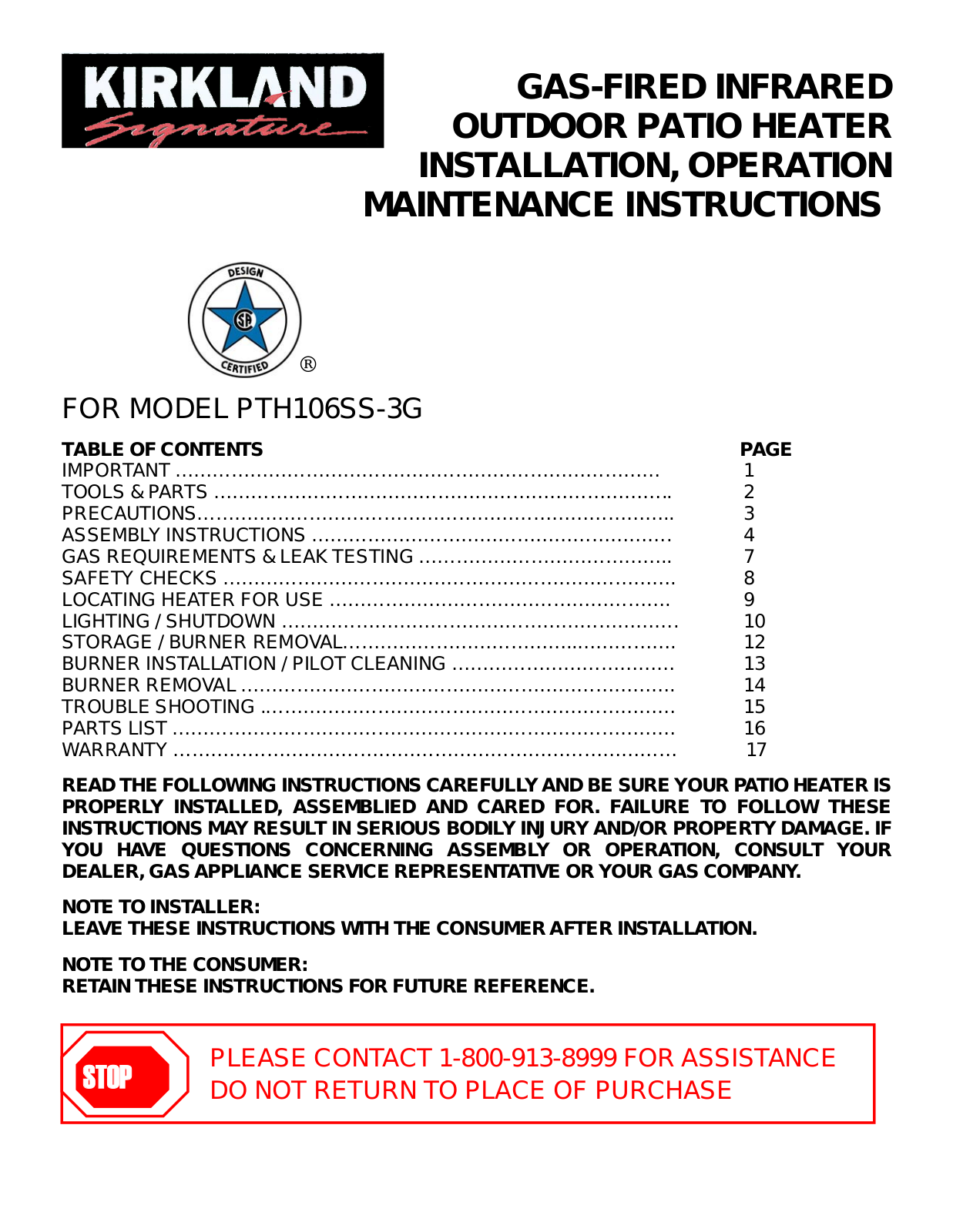 Kirkland Pth106-ss-3g Owner's Manual