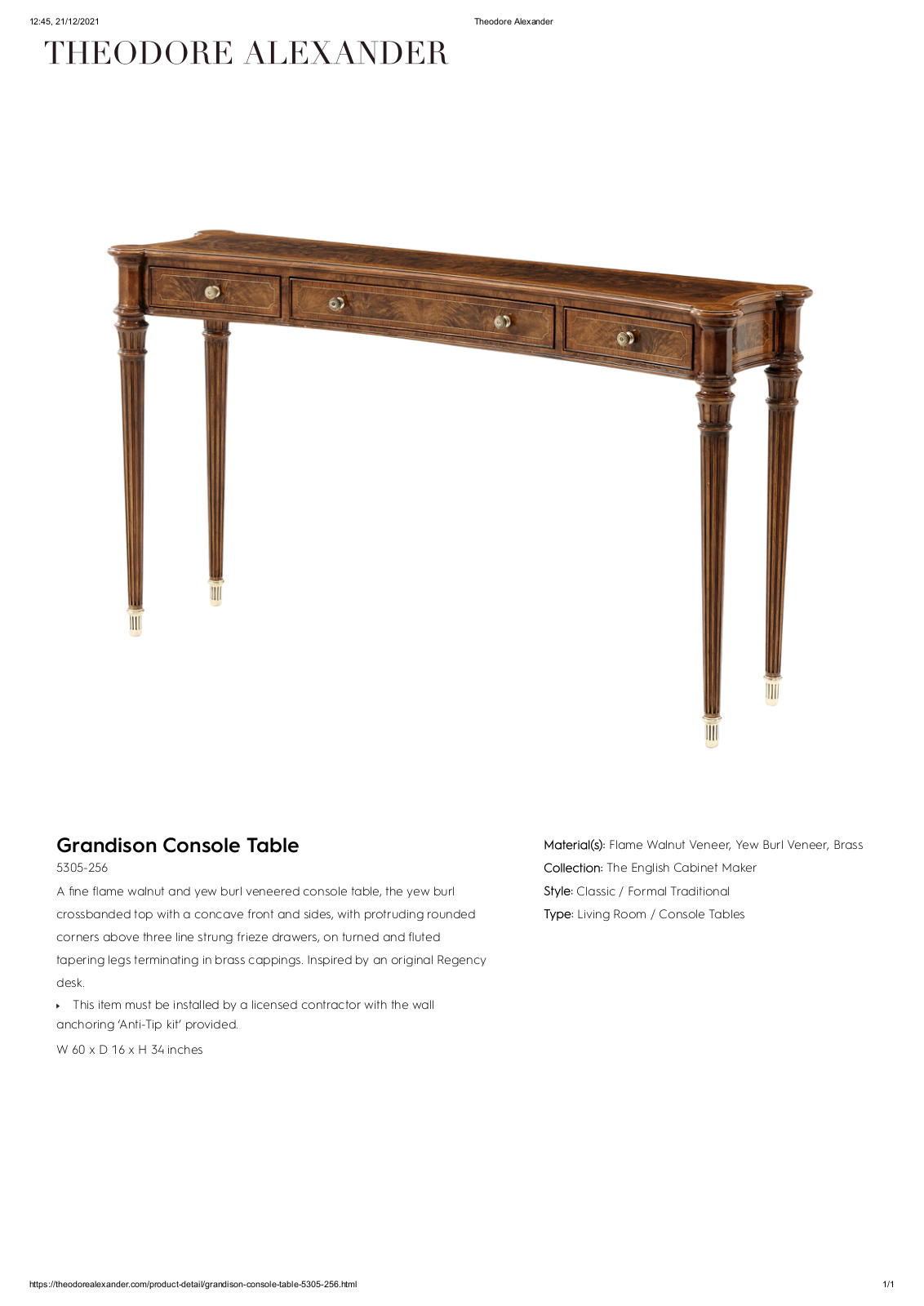 Theodore Alexander FPLJ1810 Specifications - ManualMachine.com