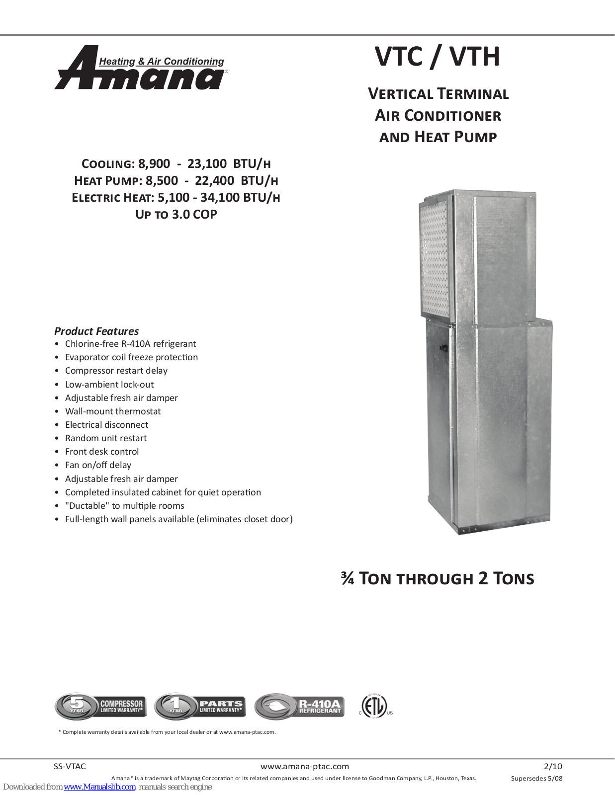 Amana VTC093E-4, VTC093E-0, VTC123E-0, VTC123E-2, VTC123E-3 Product Specifications