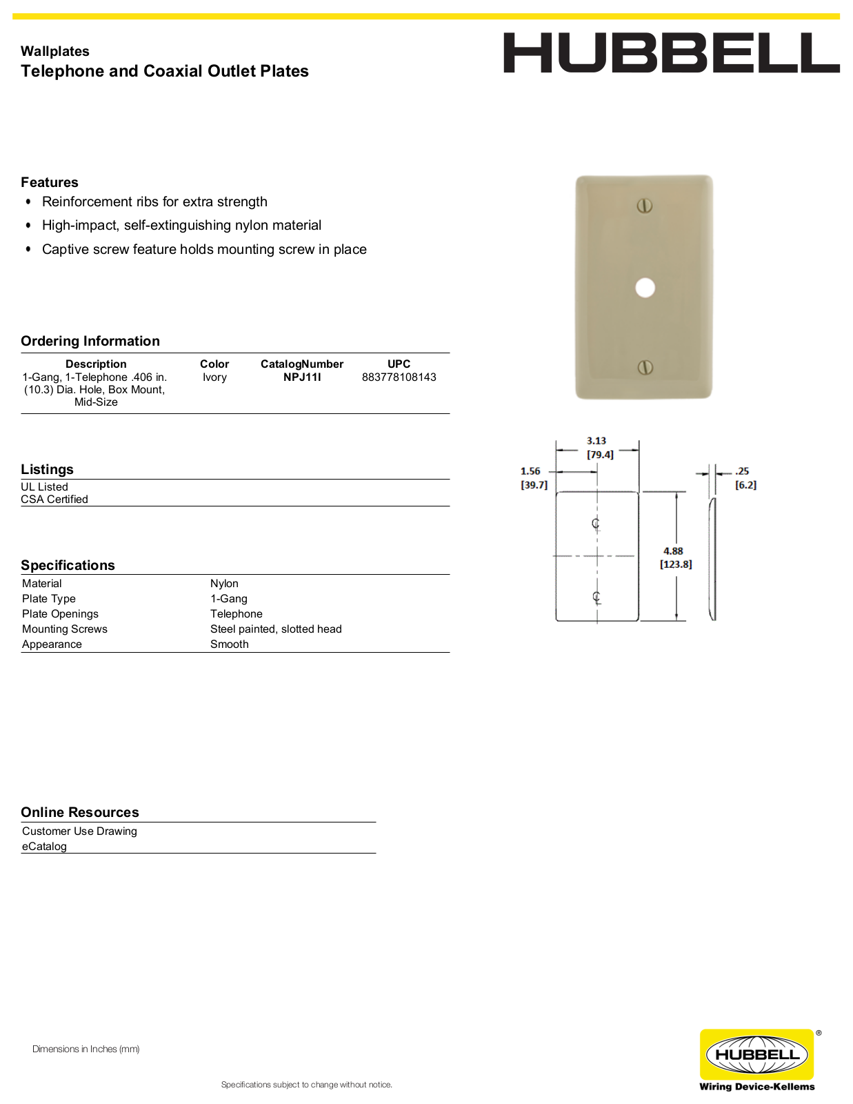 Hubbell NPJ11I Specifications