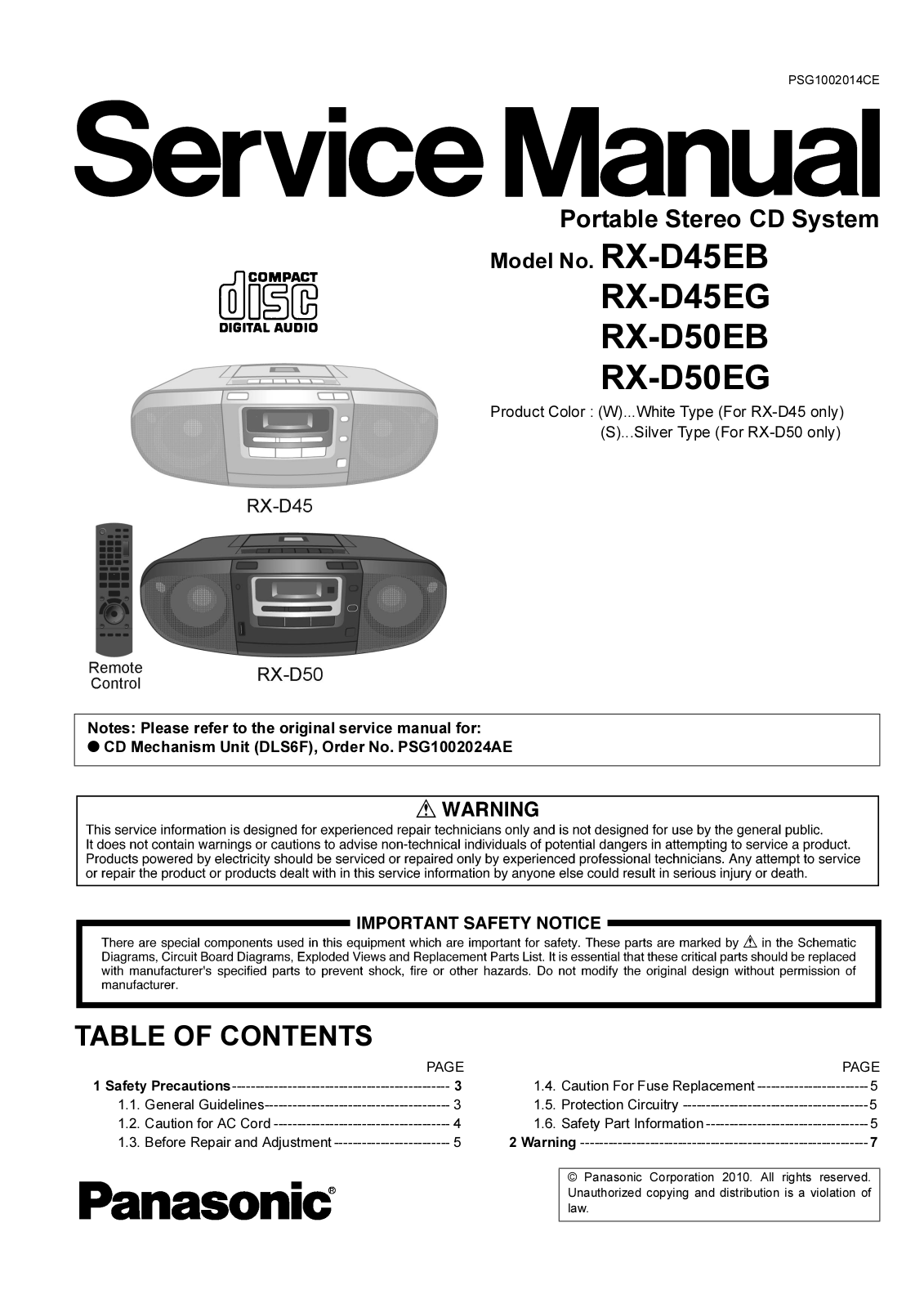 Panasonic RXD-45-EB, RXD-45-EG, RXD-50-EB, RXD-50-EG Service manual