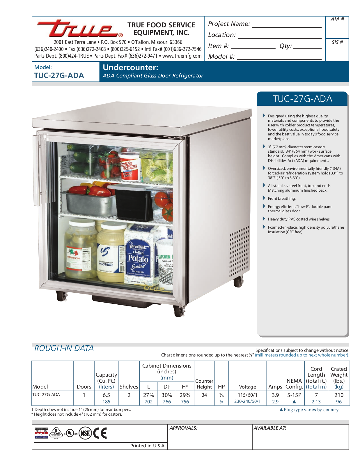 True TUC-27G-ADA User Manual