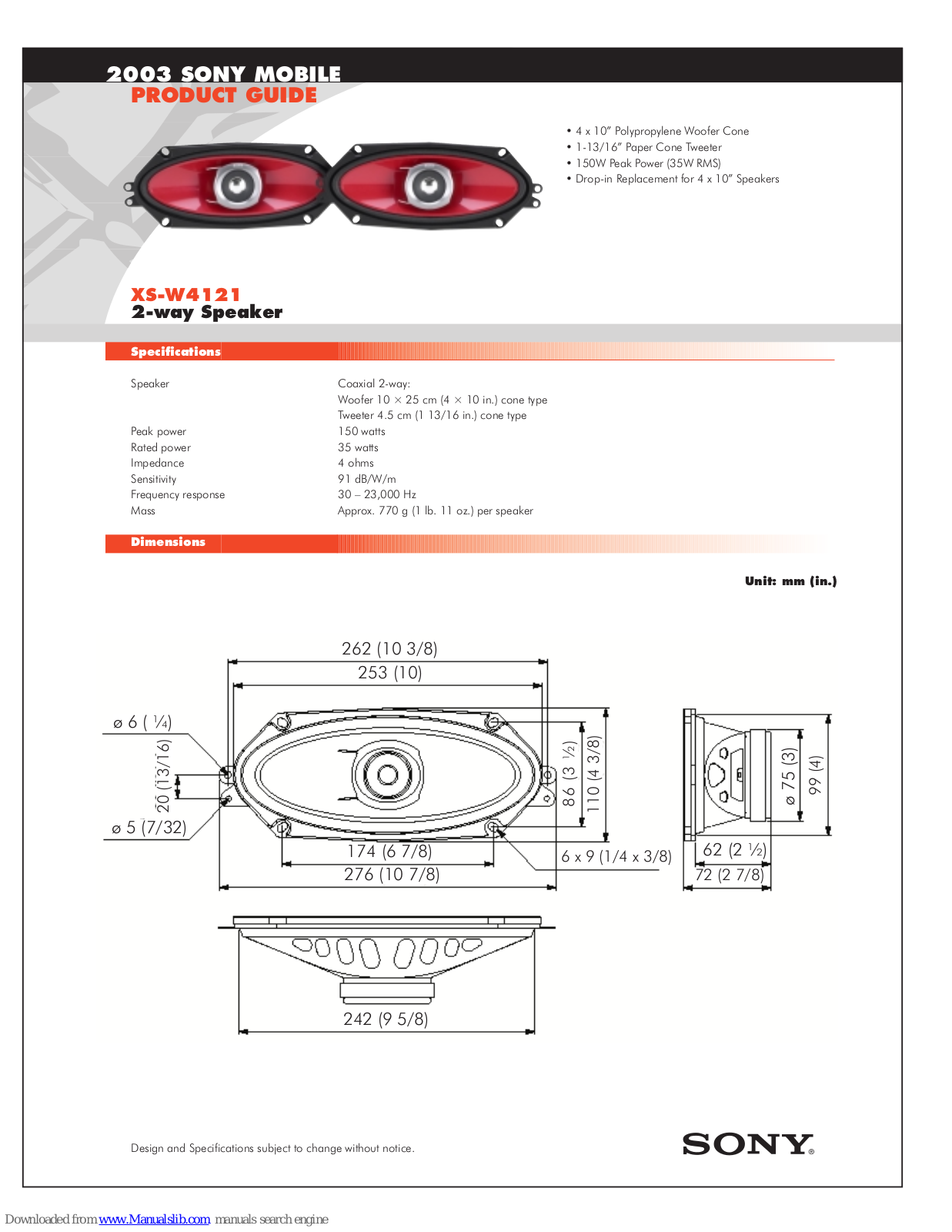 Sony XS-W4121 Marketing Specifications - ManualMachine.com