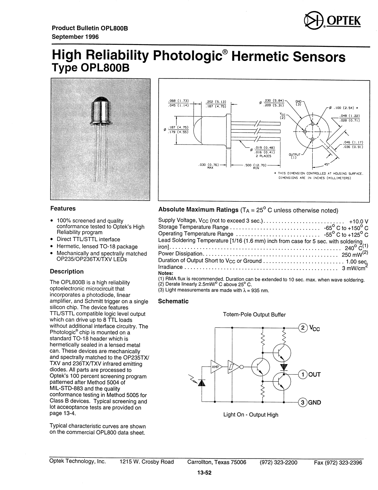 OPTEK OPL800B Datasheet