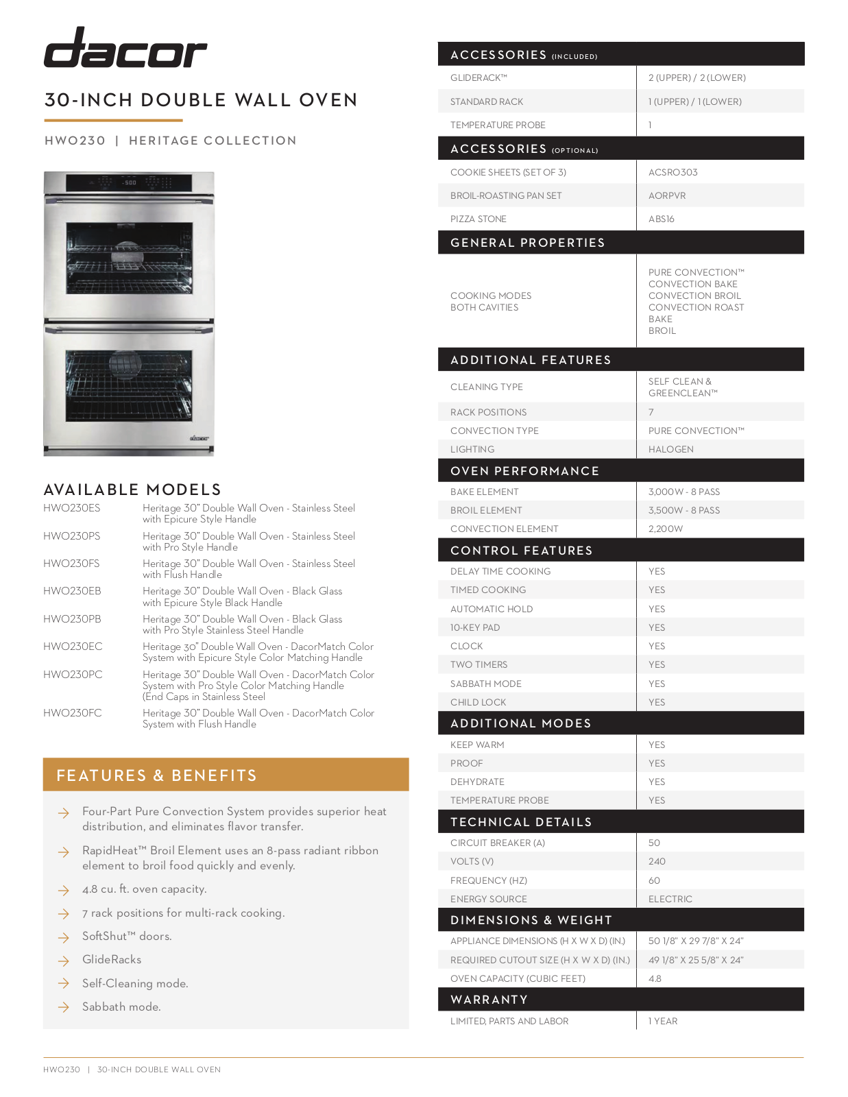 Dacor HWO230EC, HWO230FS, HWO230PC Specifications