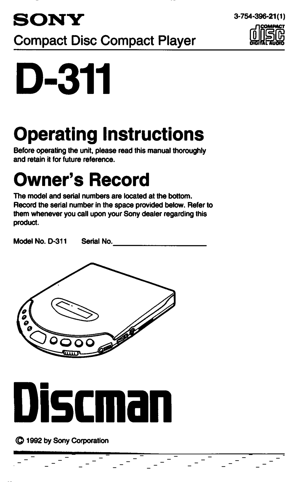 Sony D311 Operating Instructions