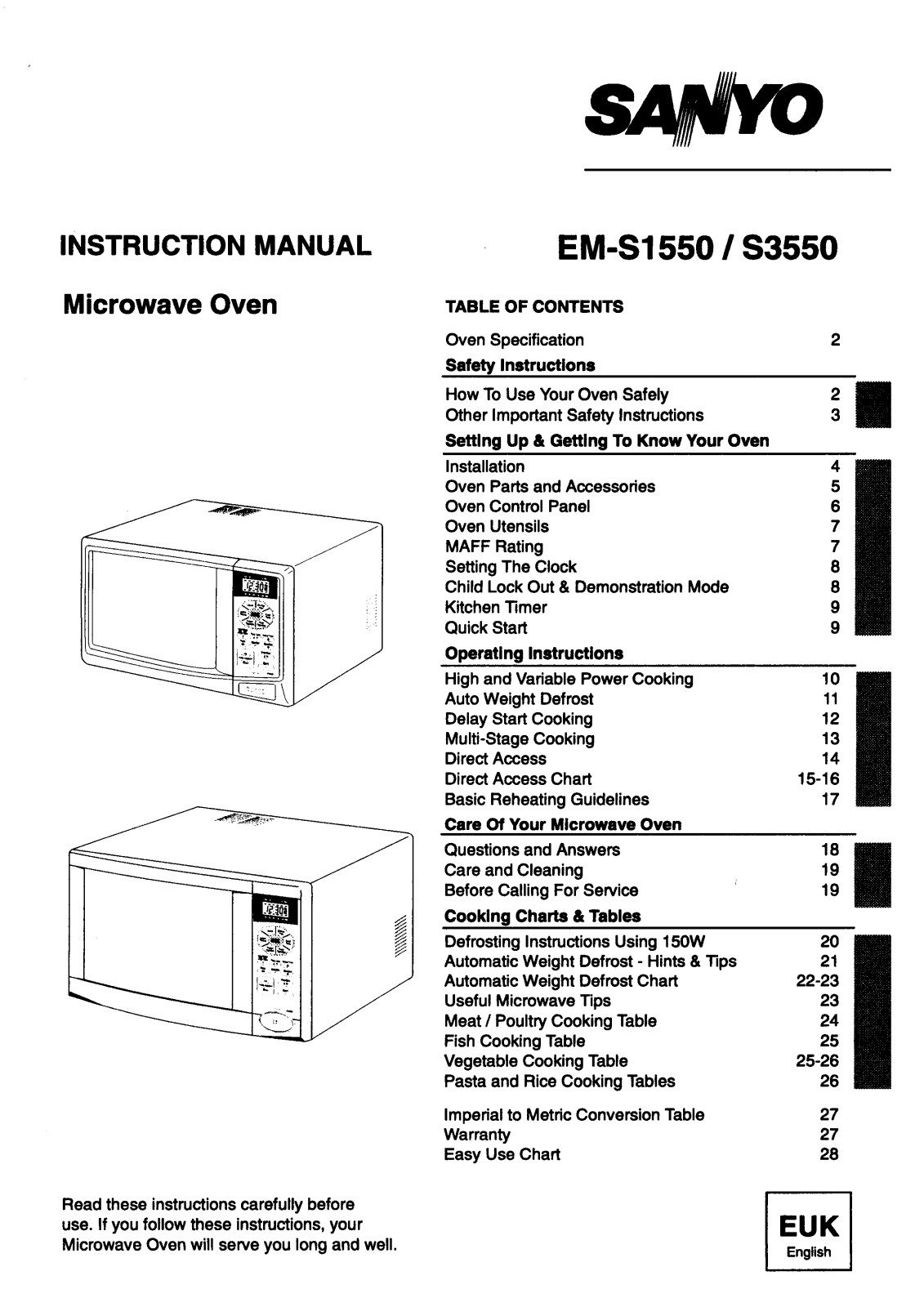 Sanyo EM-S3550, EM-S1550 Instruction Manual
