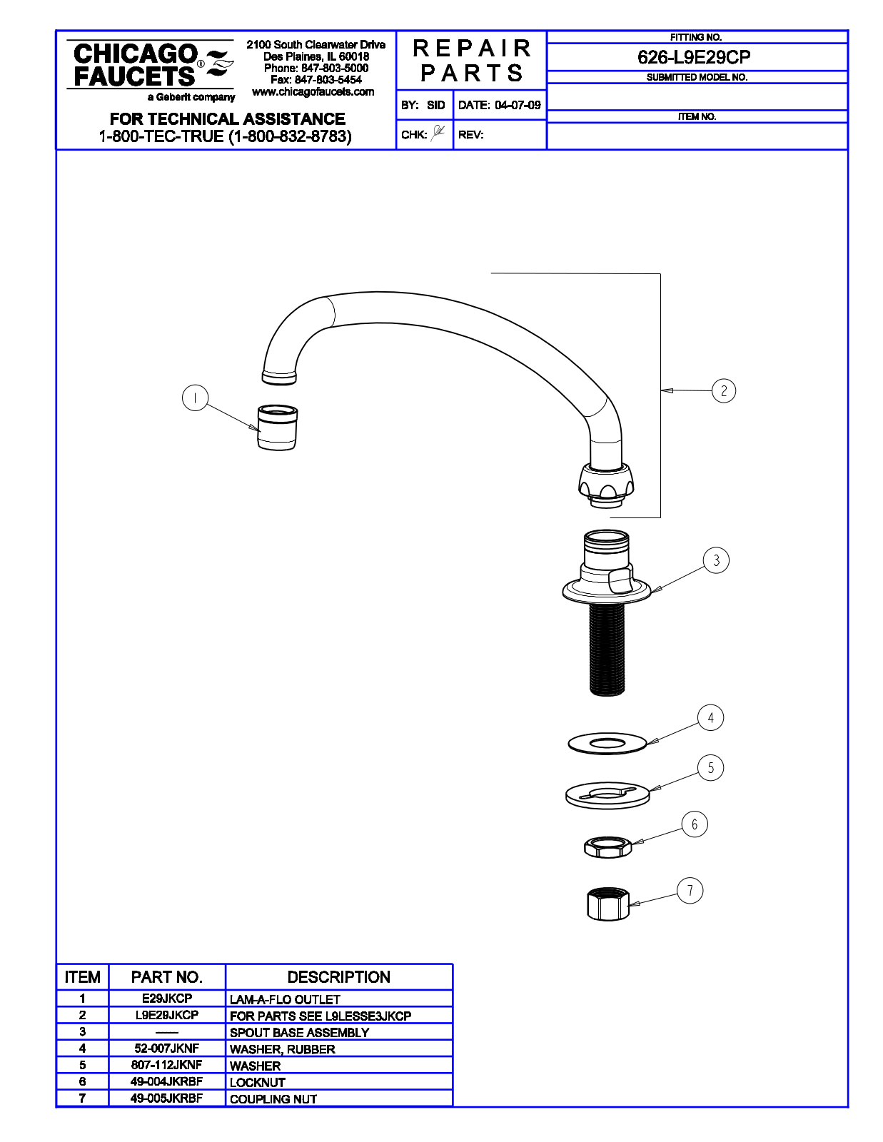 Chicago Faucet 626-L9E29 Parts List