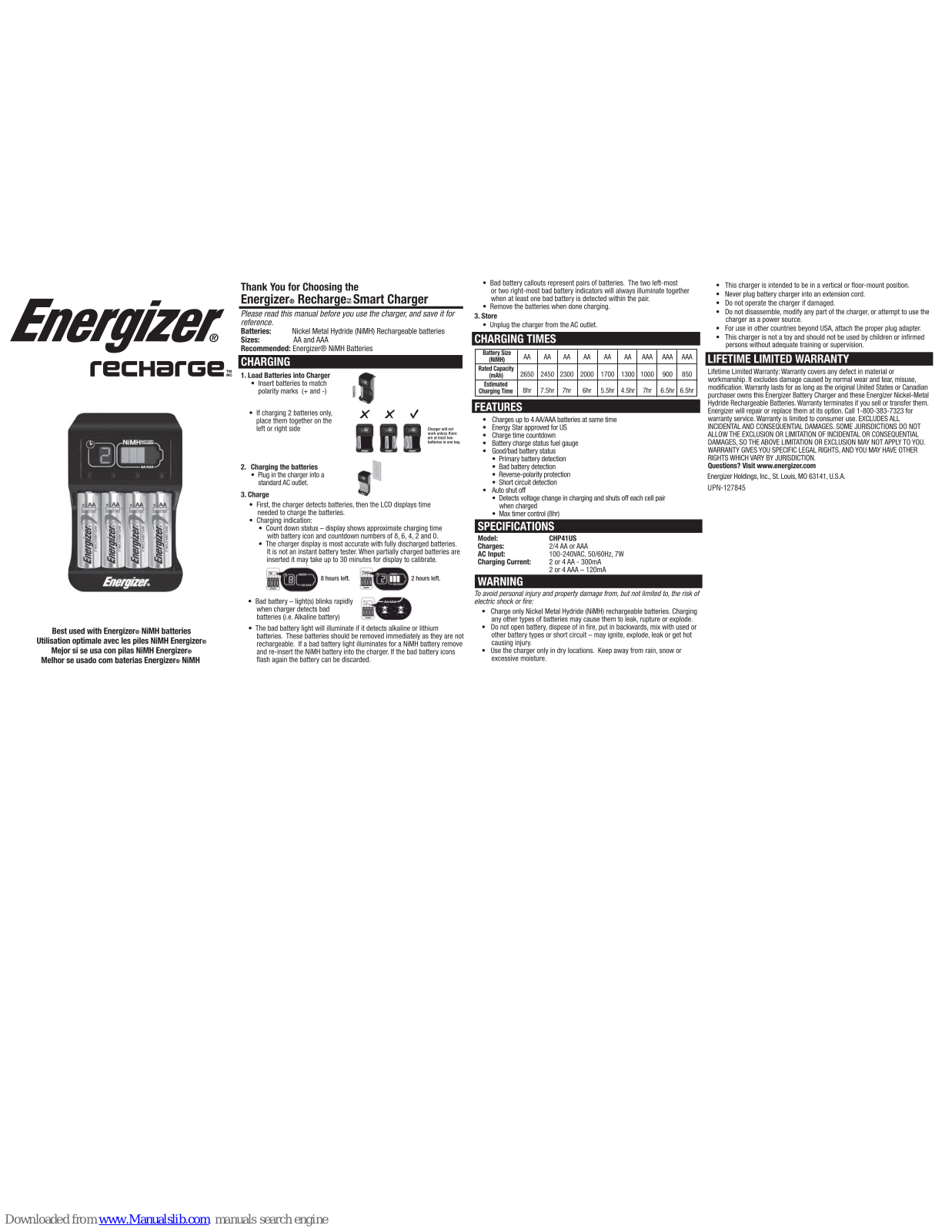 Energizer Recharge Smart CHP41US Quick Manual