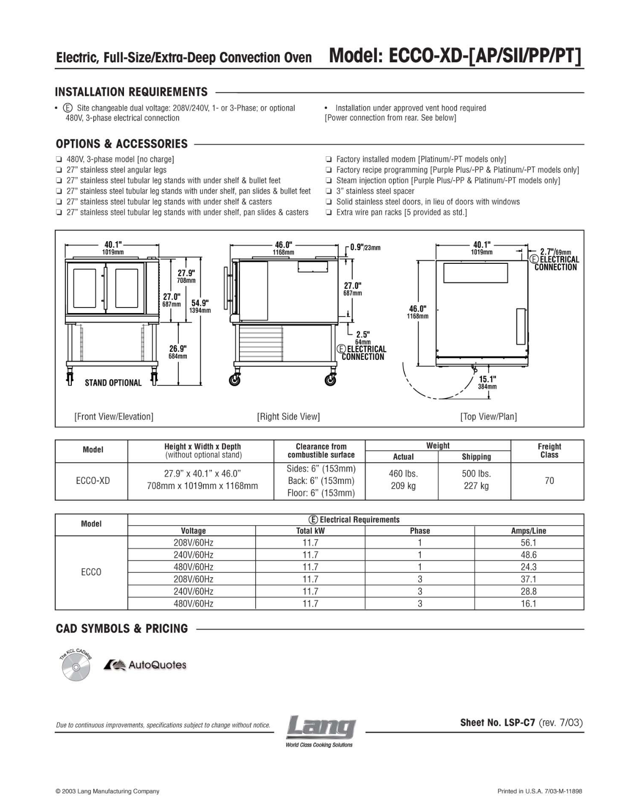 Lang Manufacturing ECCO-XD-AP User Manual