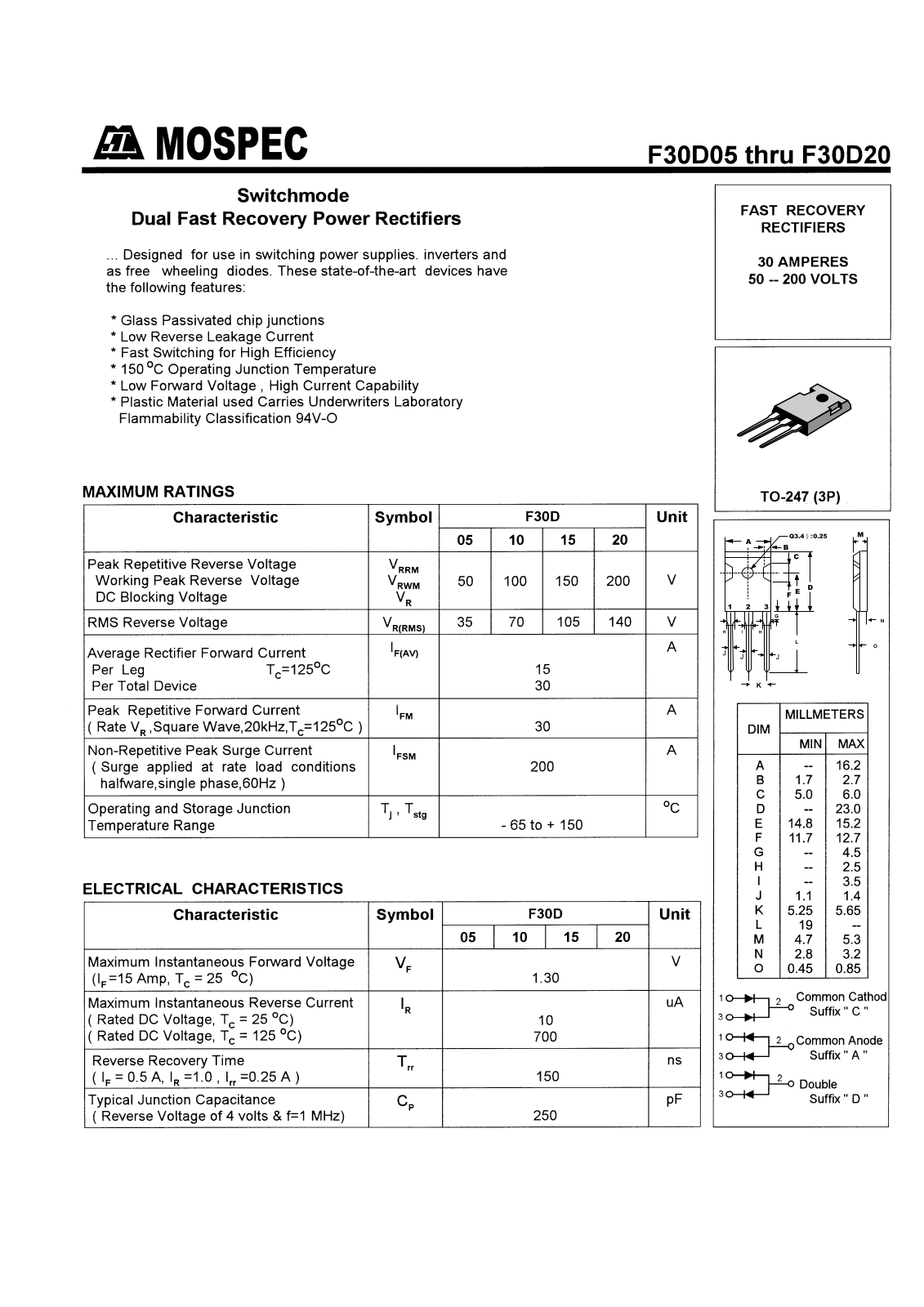 MOSPEC F30D15, F30D10, F30D05, F30D20 Datasheet