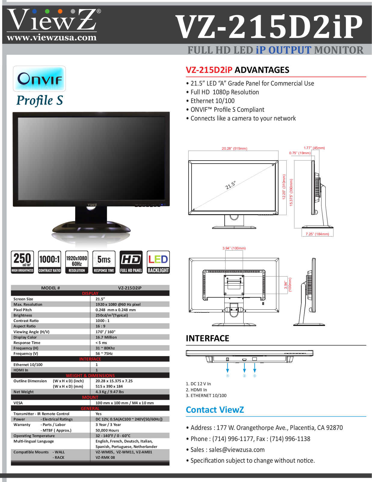 ViewZ VZ-215D2iP Specsheet