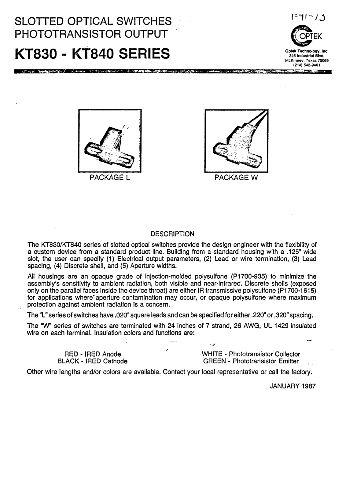 OPTEK KT830, KT840 Technical data