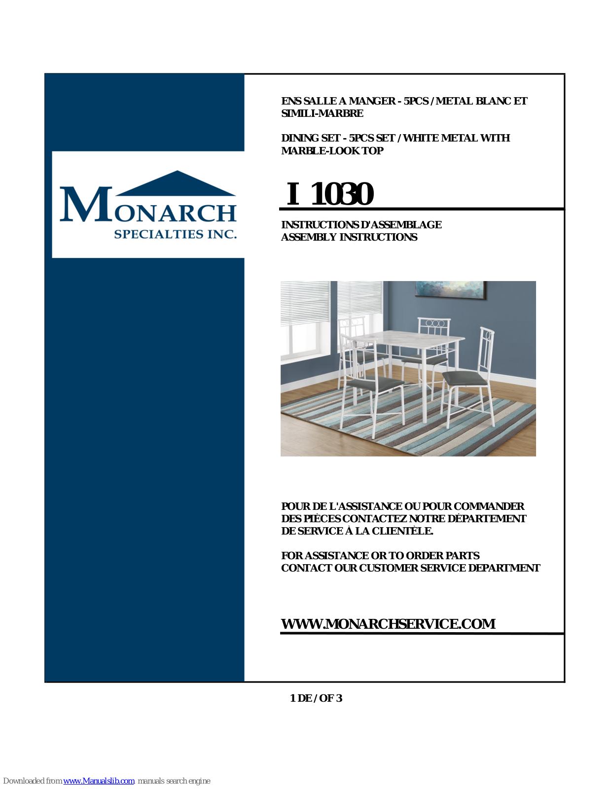 Monarch Specialties I 1030 Assembly Instructions Manual