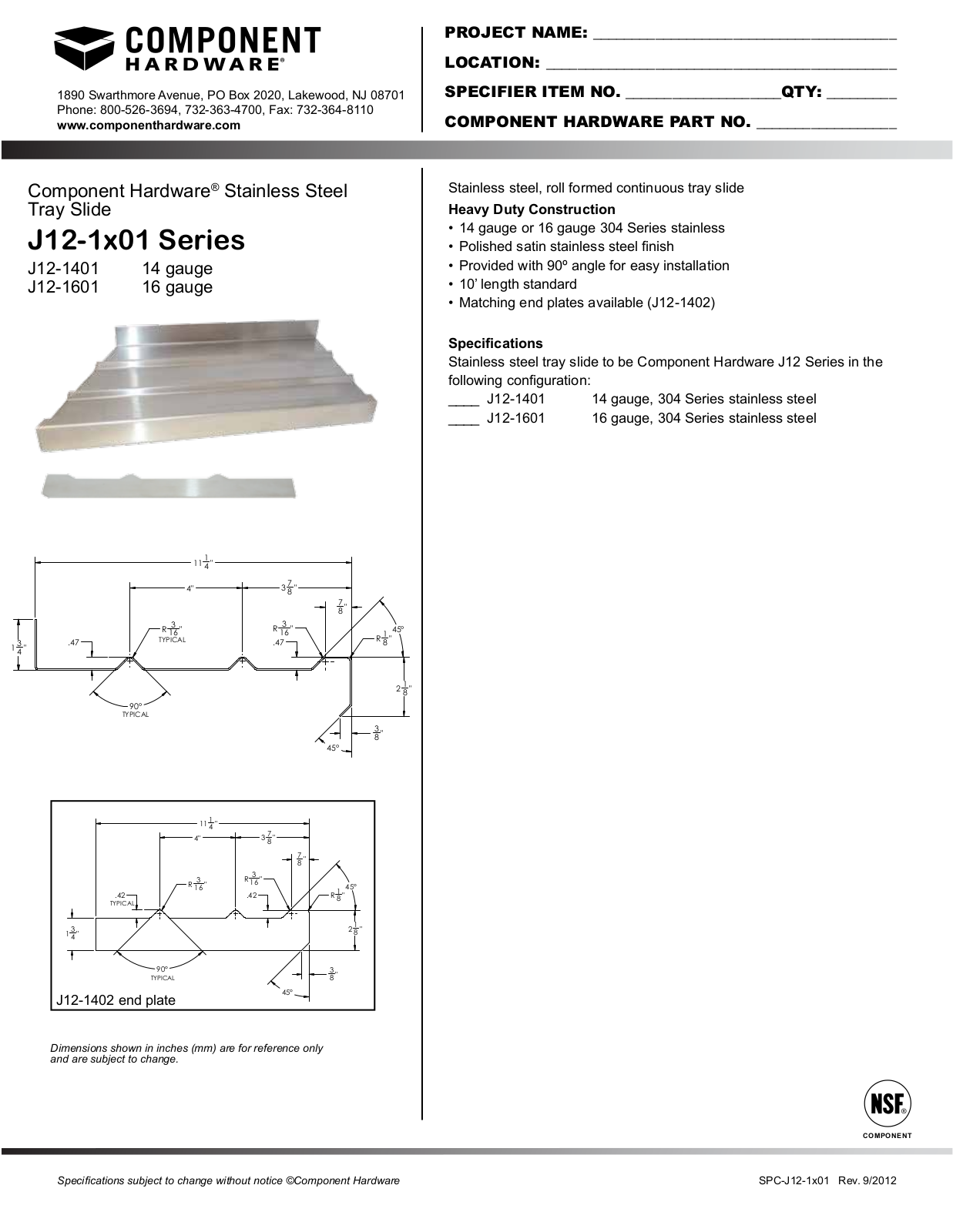 Component Hardware J12-1400 User Manual