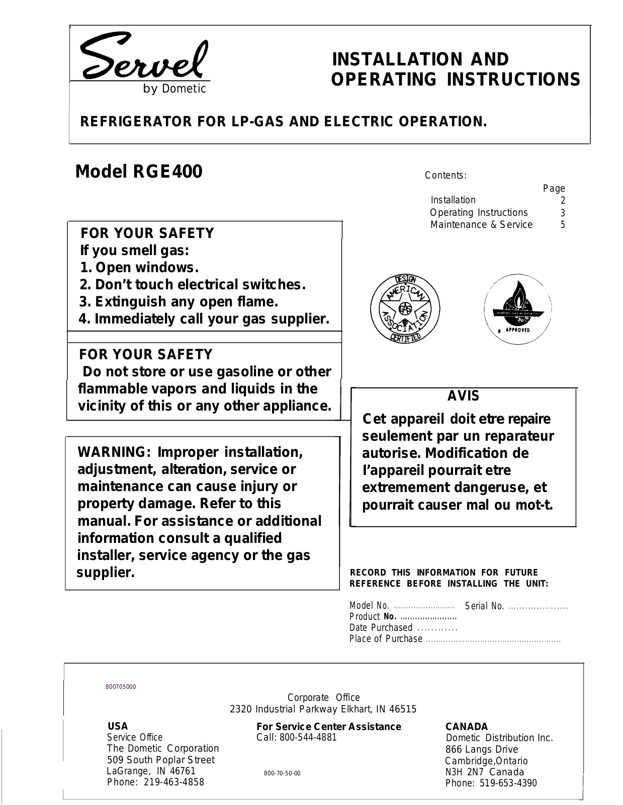 Dometic RGE400 User Manual