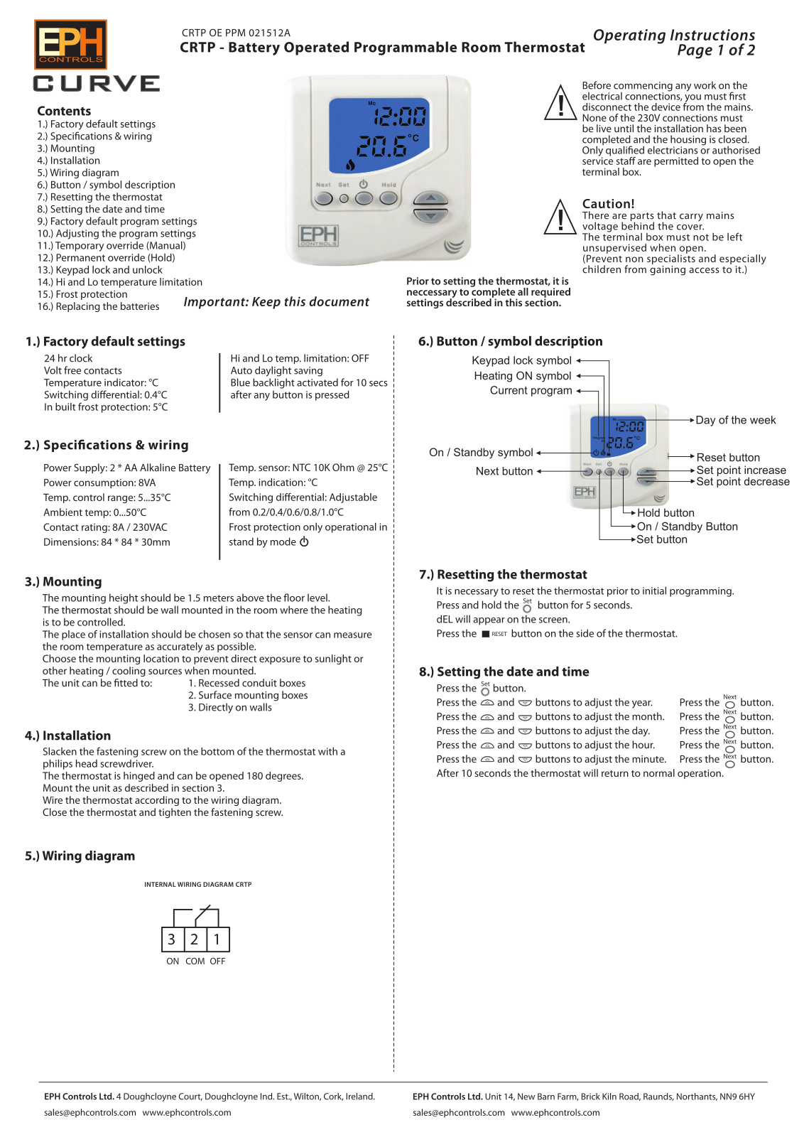 EPH Controls curve crtp Operating Instructions Manual