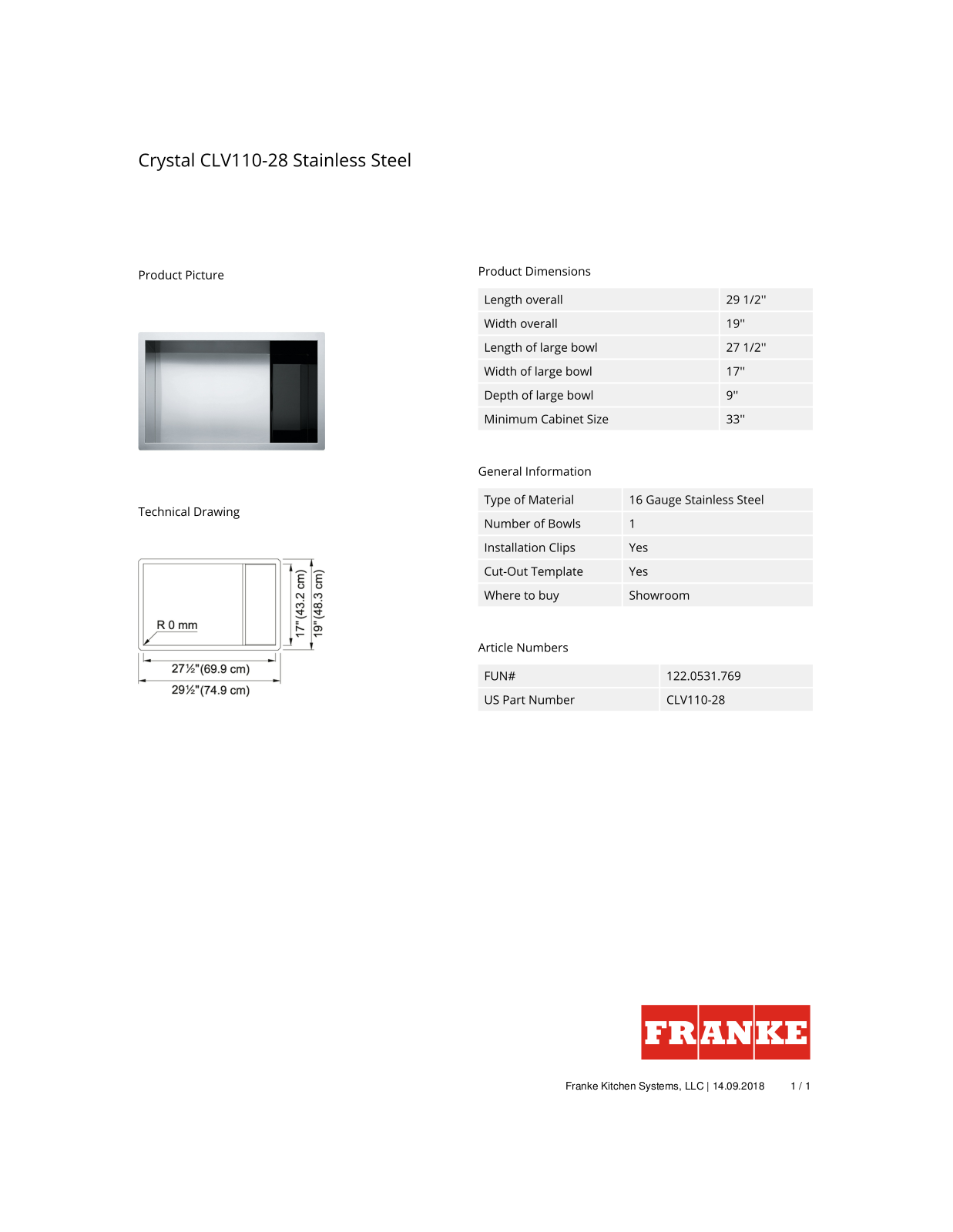 Franke CLV11028 Specs