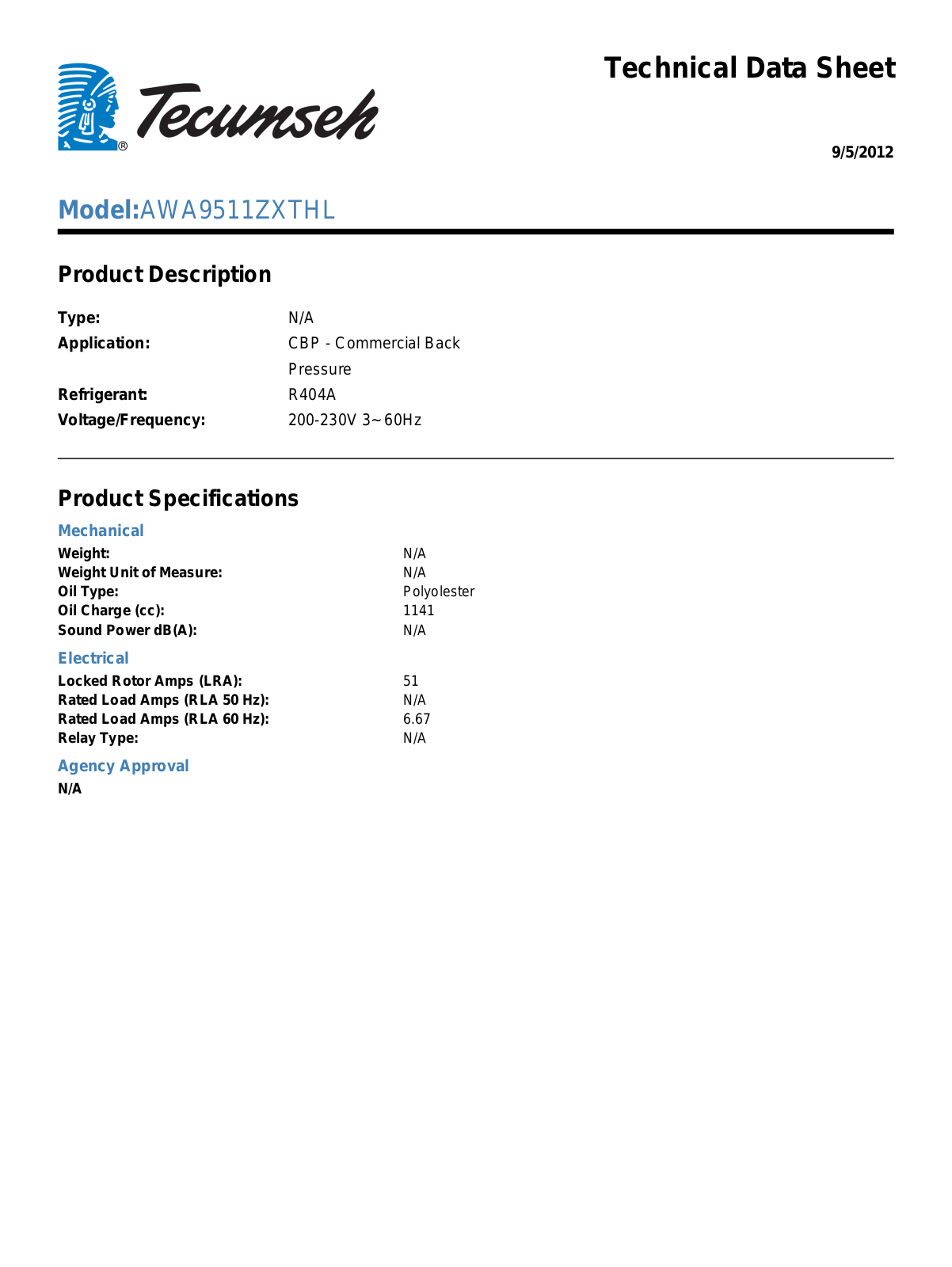 Tecumseh AWA9511ZXTHL User Manual