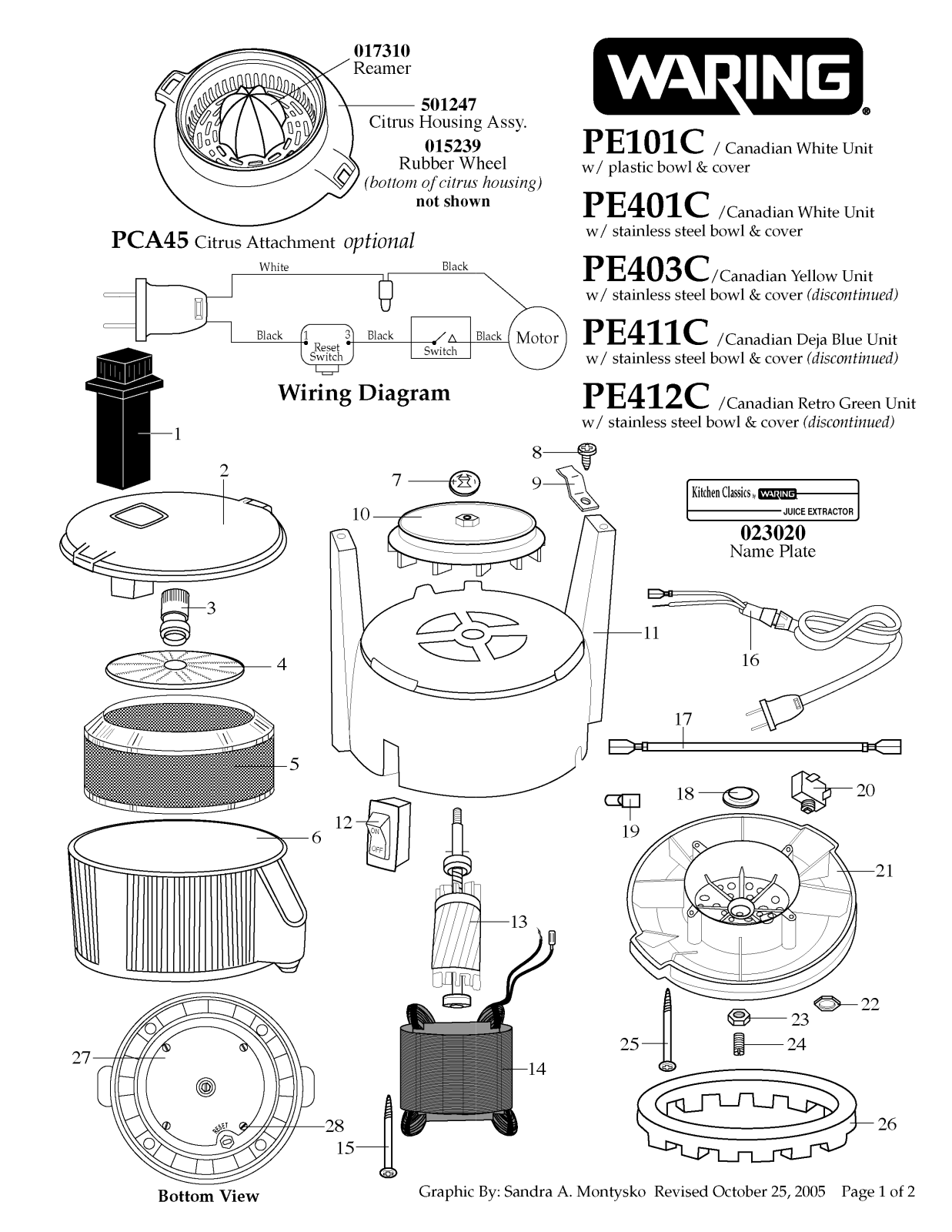 Waring PE101C Parts List