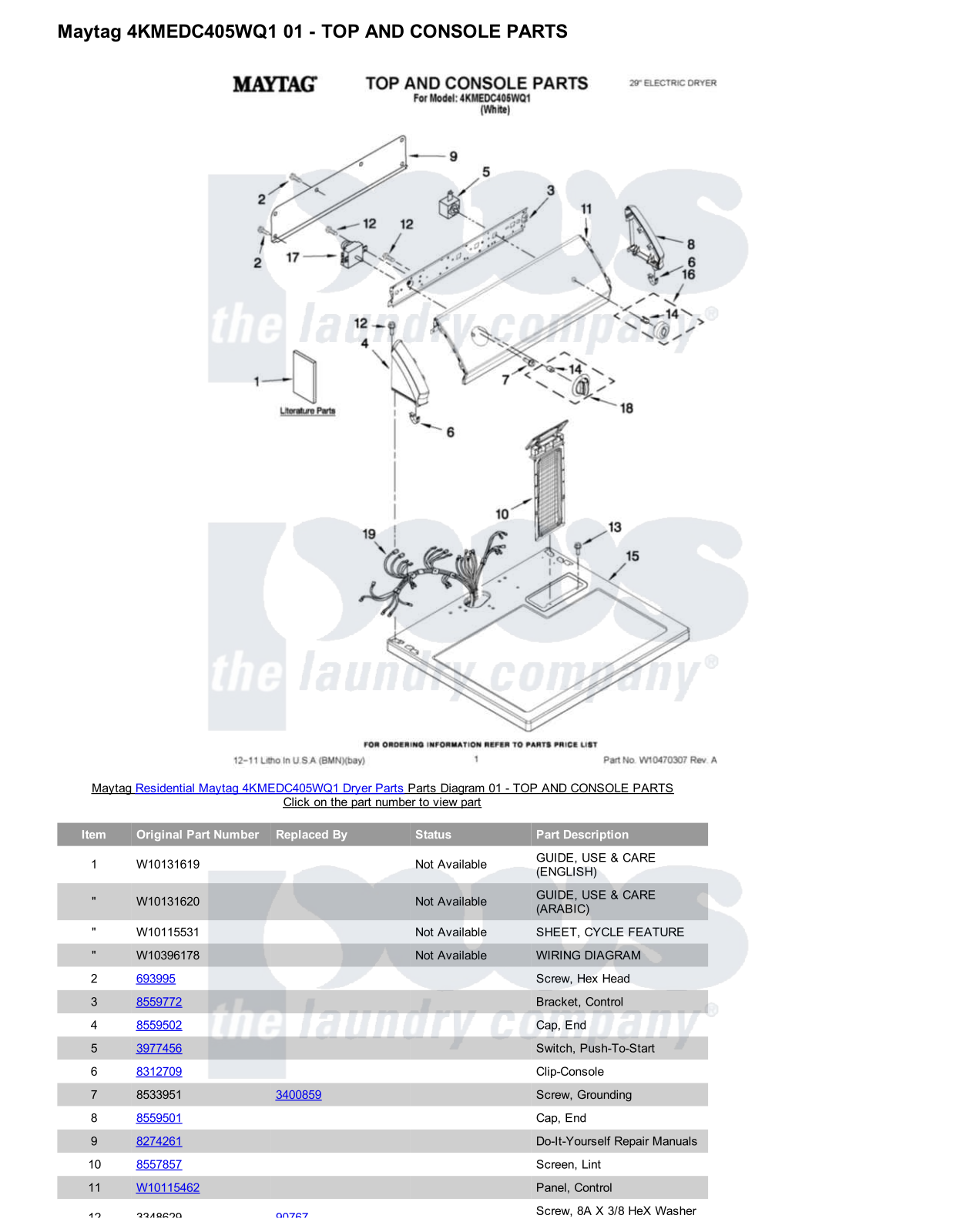 Maytag 4KMEDC405WQ1 Parts Diagram