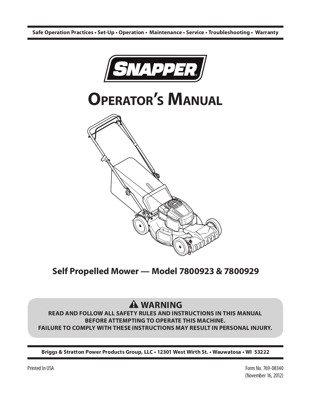 Snapper 7800929, 7800923 User Manual