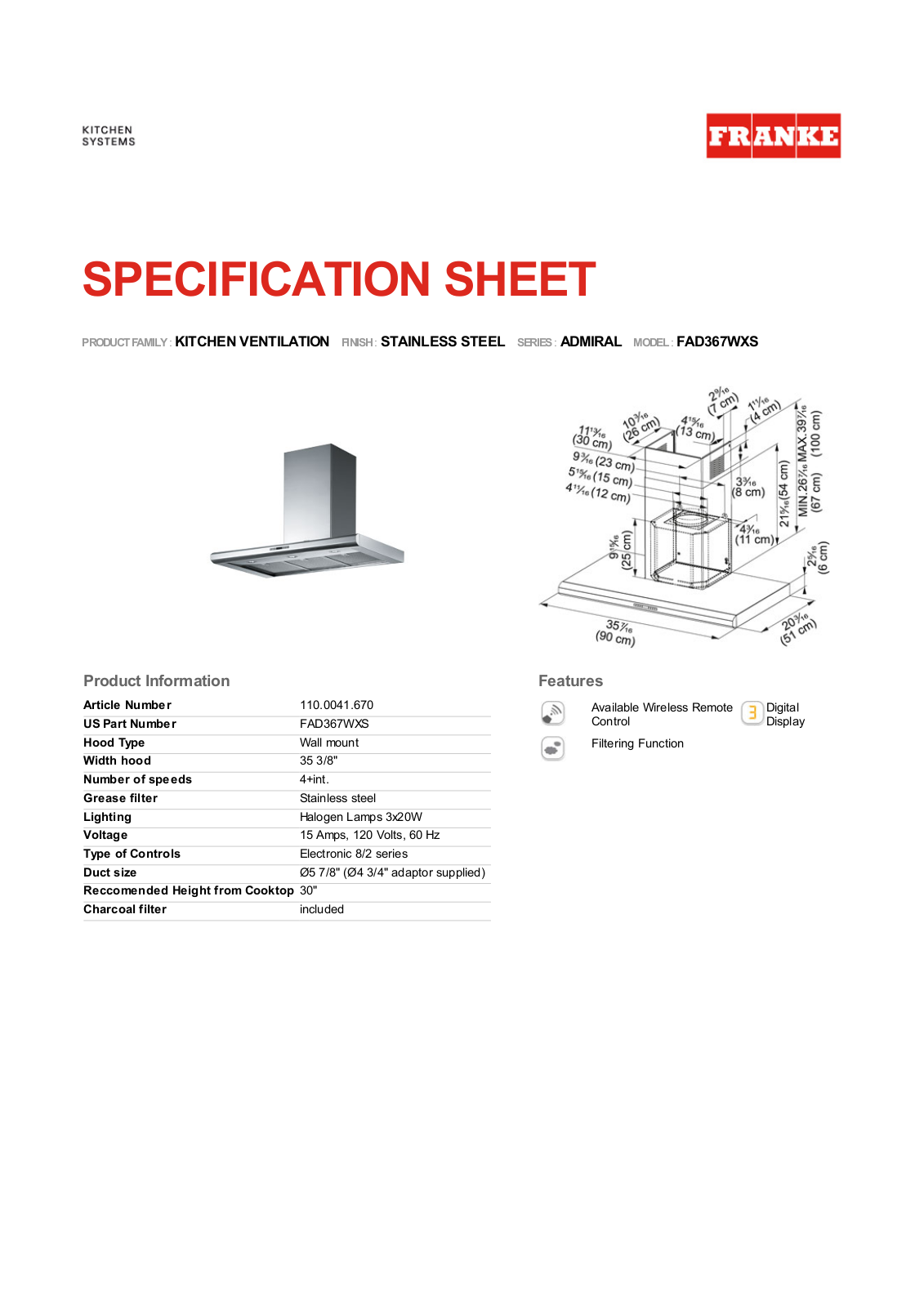 Franke Foodservice FAD367WXS User Manual