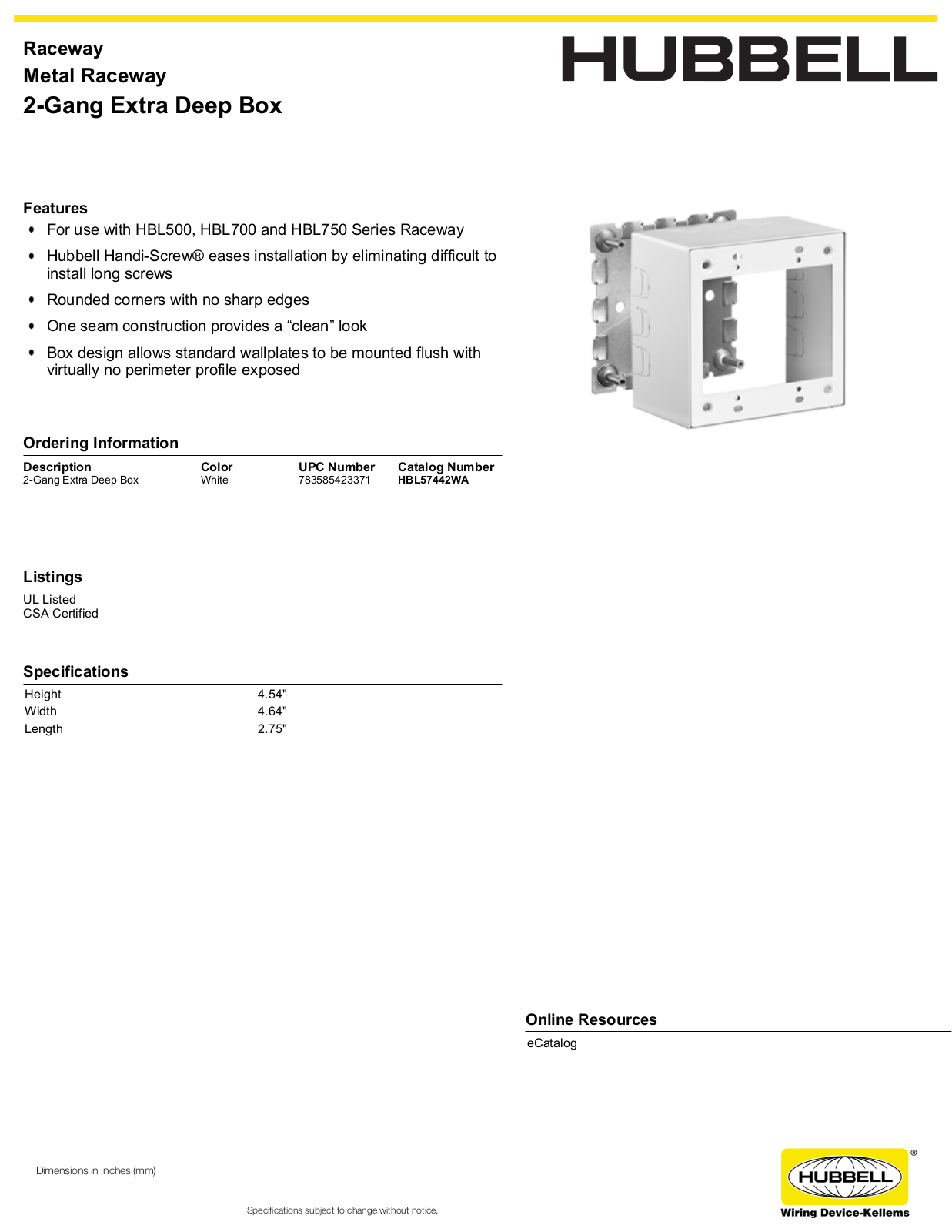 Hubbell HBL57442WA Specifications