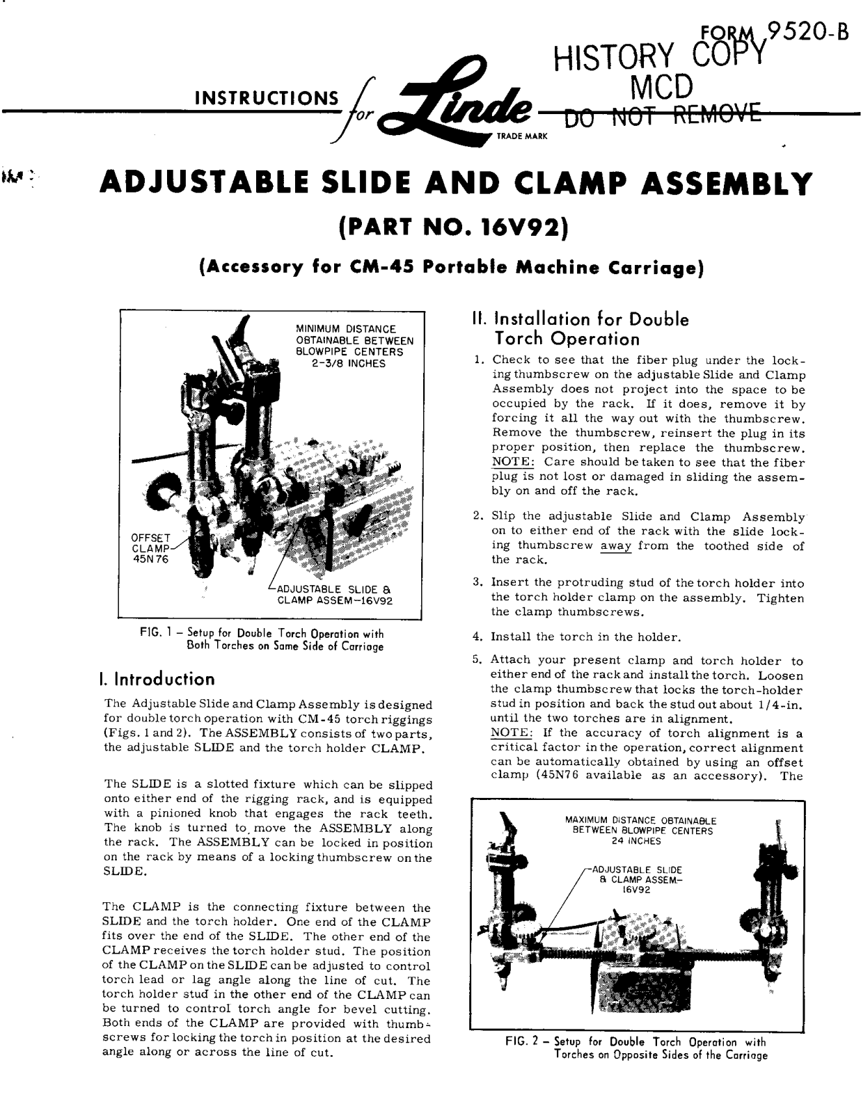 UNION CARBIDE Linde Adjustable Slide and Clamp Assembly Troubleshooting instruction