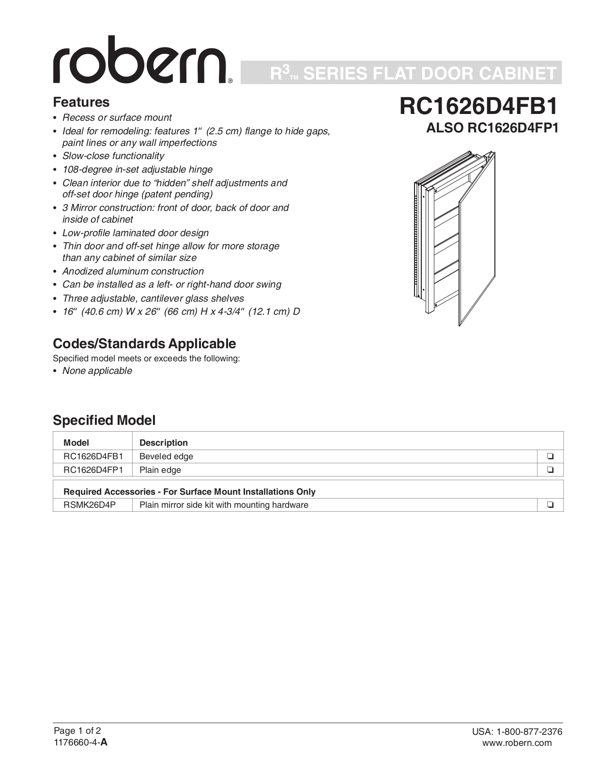 Robern RC1626D4FB1 Specifications